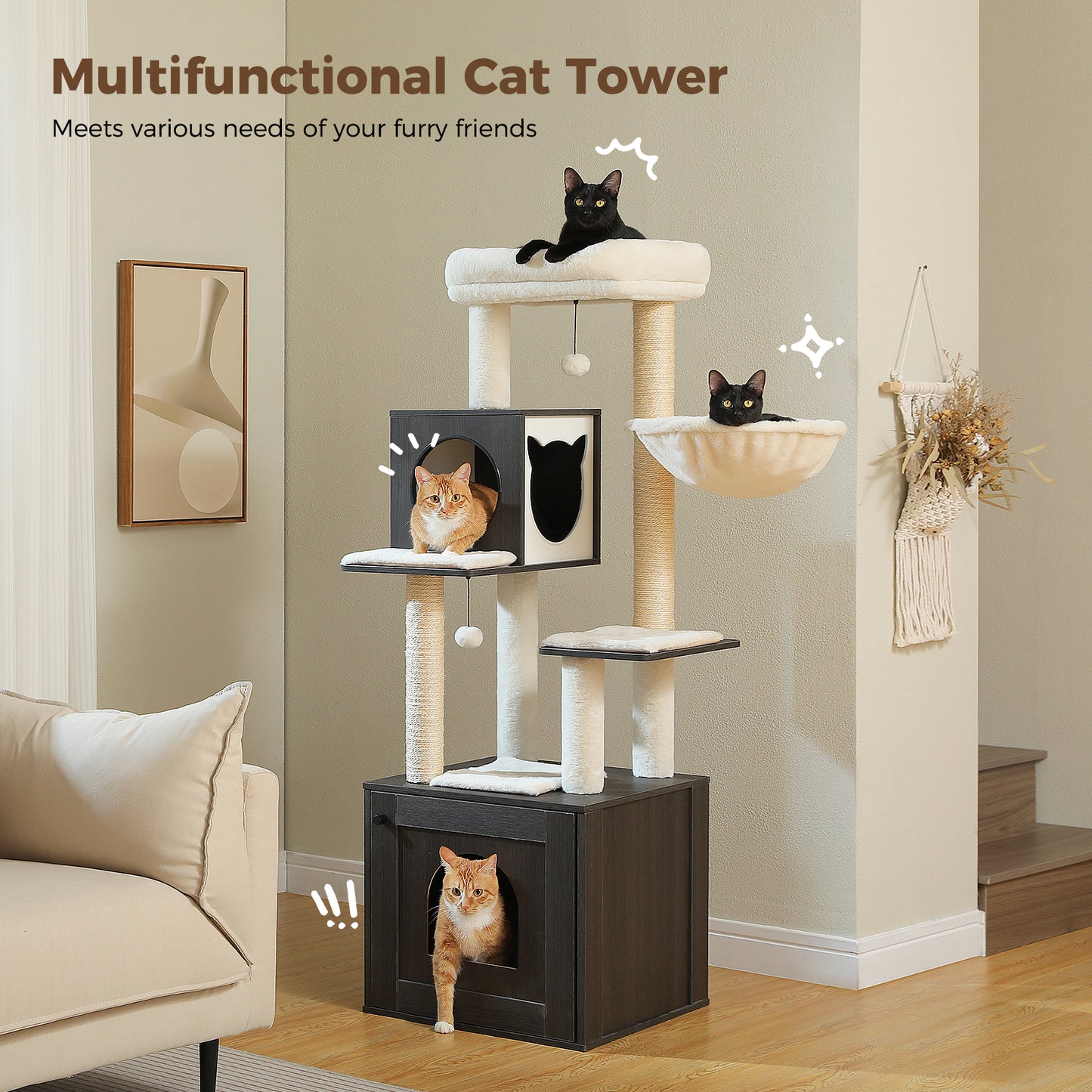 PAWZ Road Rascador Moderno para Gatos Grandes | Árbol para Gatos Premium con Casa de Sueño XXL | Altura Total 146 cm