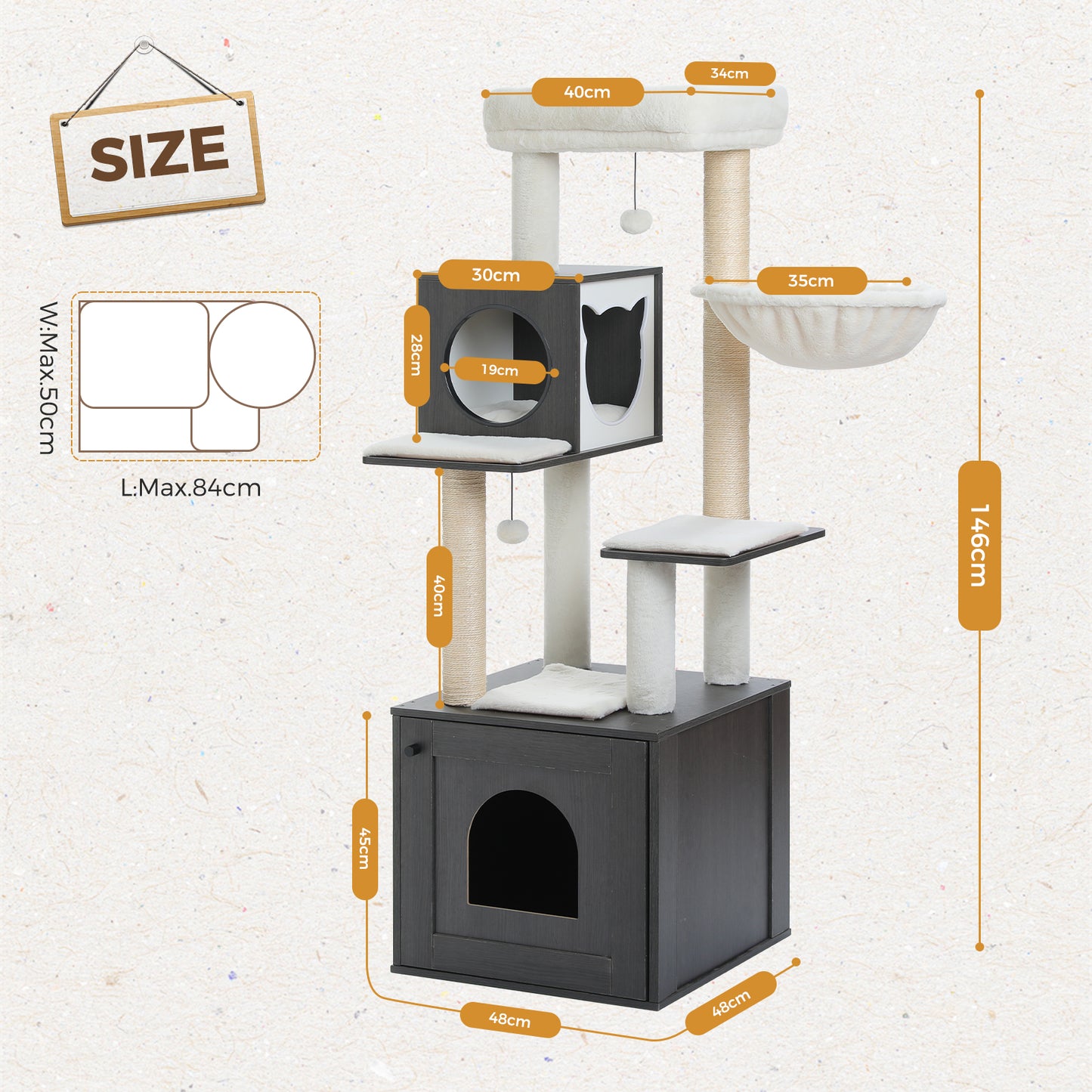 PAWZ Road Rascador Moderno para Gatos Grandes | Árbol para Gatos Premium con Casa de Sueño XXL | Altura Total 146 cm