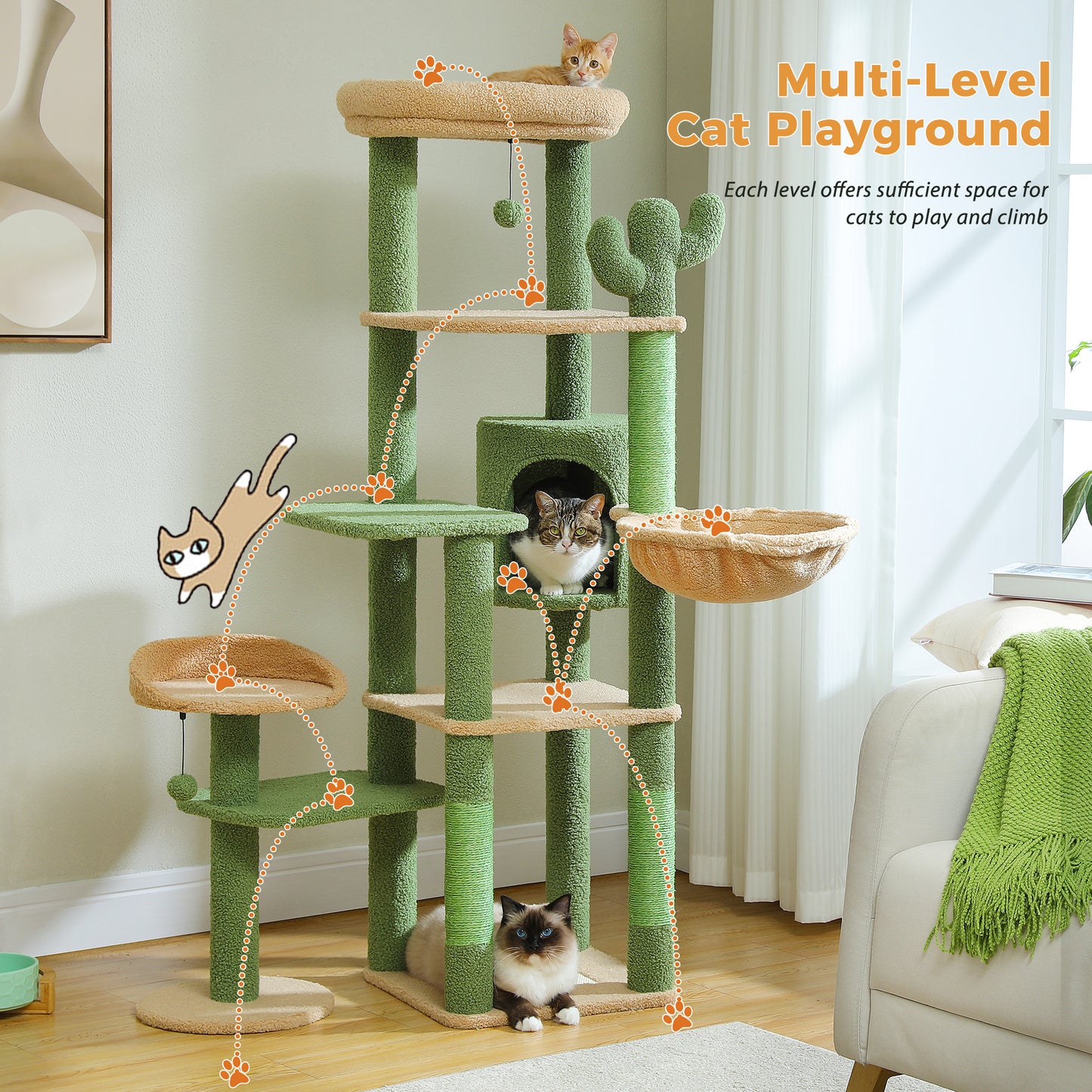 Albero per gatti PAWZ Road Flower da 150 cm - Torre per gatti grande a più livelli | Design basso | con cuccia | Amaca XXL | Pali in sisal e 2 piattaforme