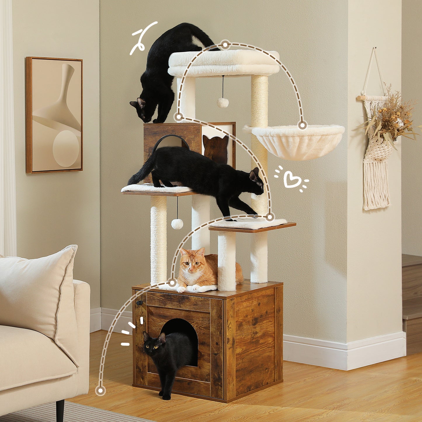 PAWZ Road Rascador Moderno para Gatos Grandes | Árbol para Gatos Premium con Casa de Sueño XXL | Altura Total 146 cm
