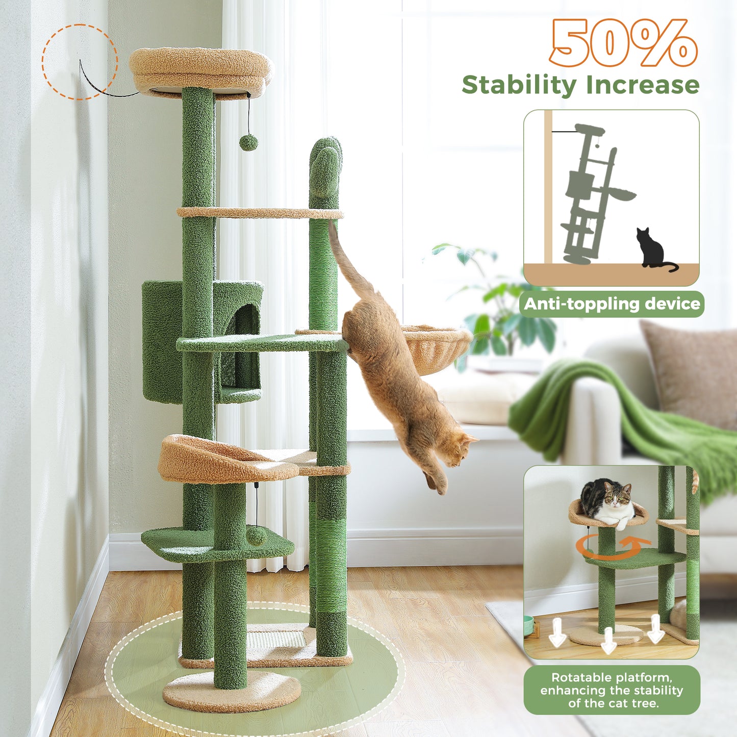 Albero per gatti PAWZ Road Flower da 150 cm - Torre per gatti grande a più livelli | Design basso | con cuccia | Amaca XXL | Pali in sisal e 2 piattaforme