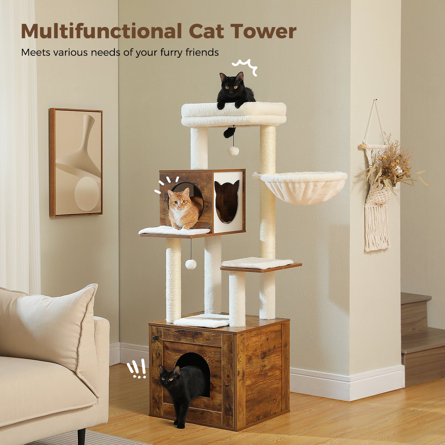 PAWZ Road Rascador Moderno para Gatos Grandes | Árbol para Gatos Premium con Casa de Sueño XXL | Altura Total 146 cm