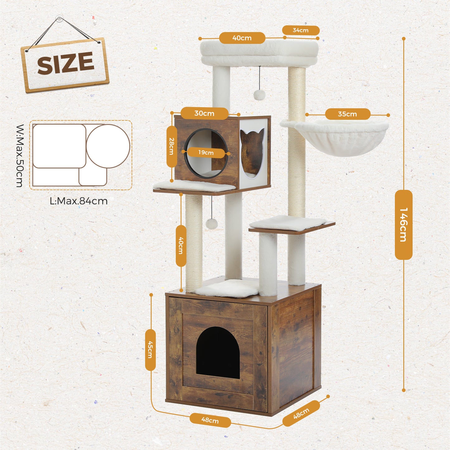 PAWZ Road Rascador Moderno para Gatos Grandes | Árbol para Gatos Premium con Casa de Sueño XXL | Altura Total 146 cm
