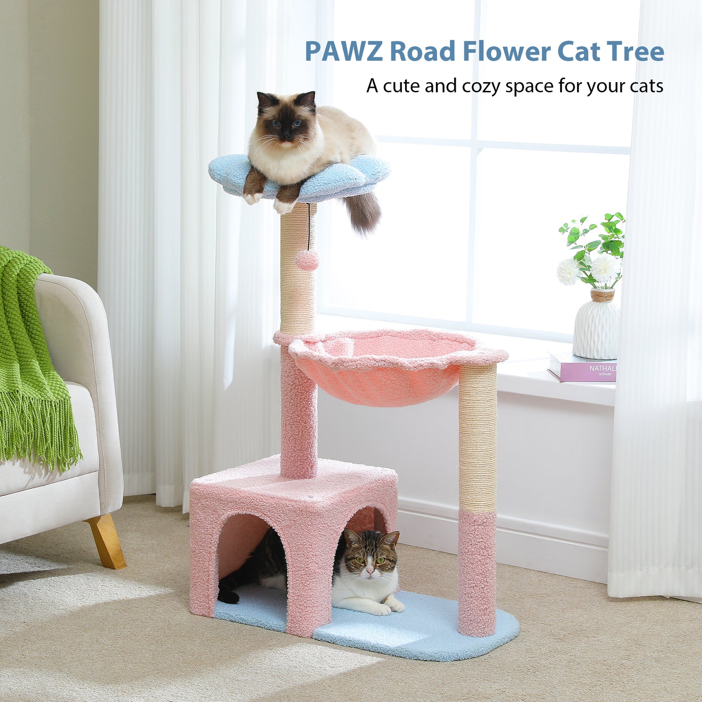 Blumen-Kratzbaum mit Metall-Hängematte – 89 cm süßer Katzenturm mit Sisal-Kratzpfosten für kleine Wohnungskatze | rosa Schlafplattform für Kätzchen