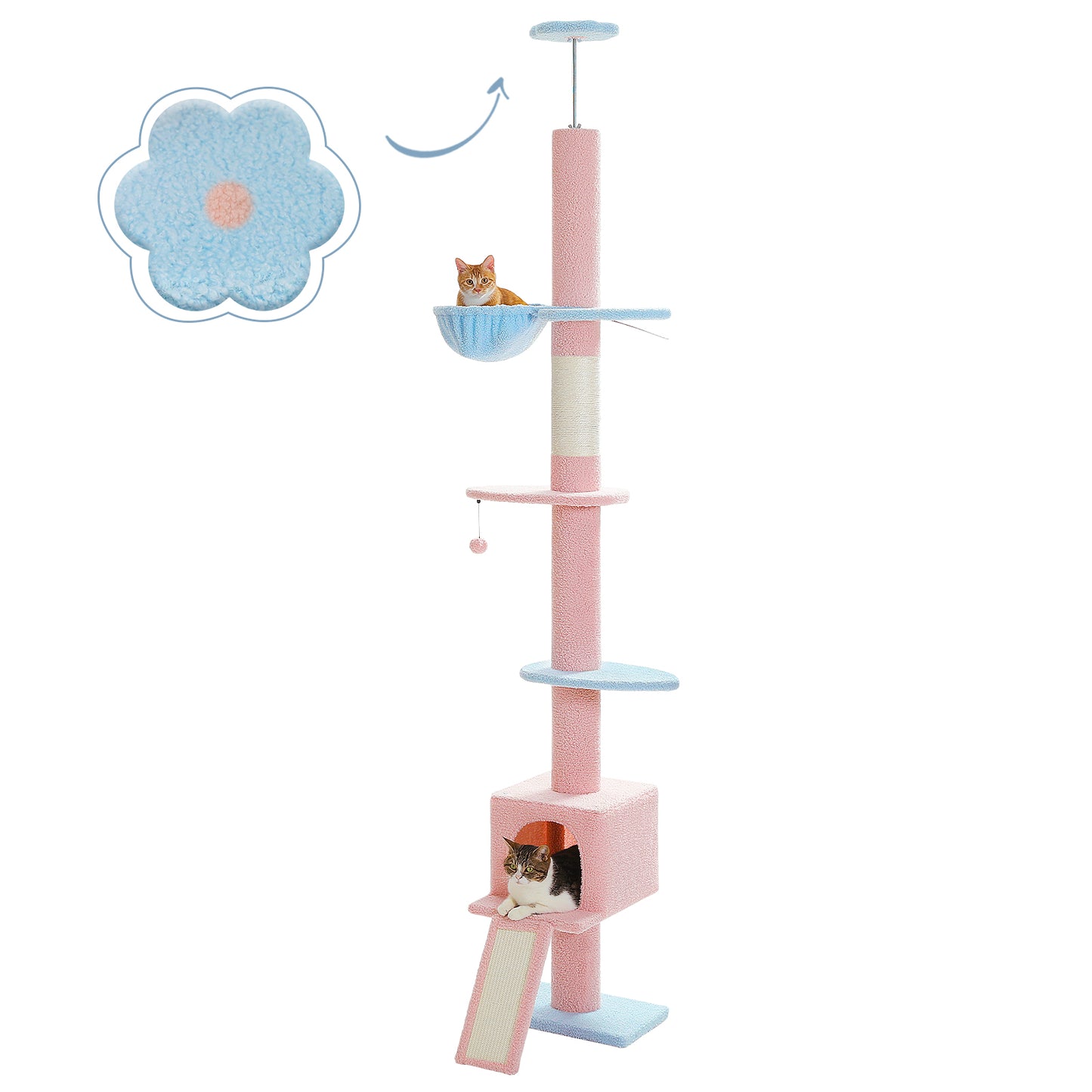 PAWZ Road Kaktus-Katzenbaum | 216-273 cm h?henverstellbar | Decken-zu-Boden-Kratzturm | mit H?ngematte & Schlafhaus | Anti-Fall-Gurt