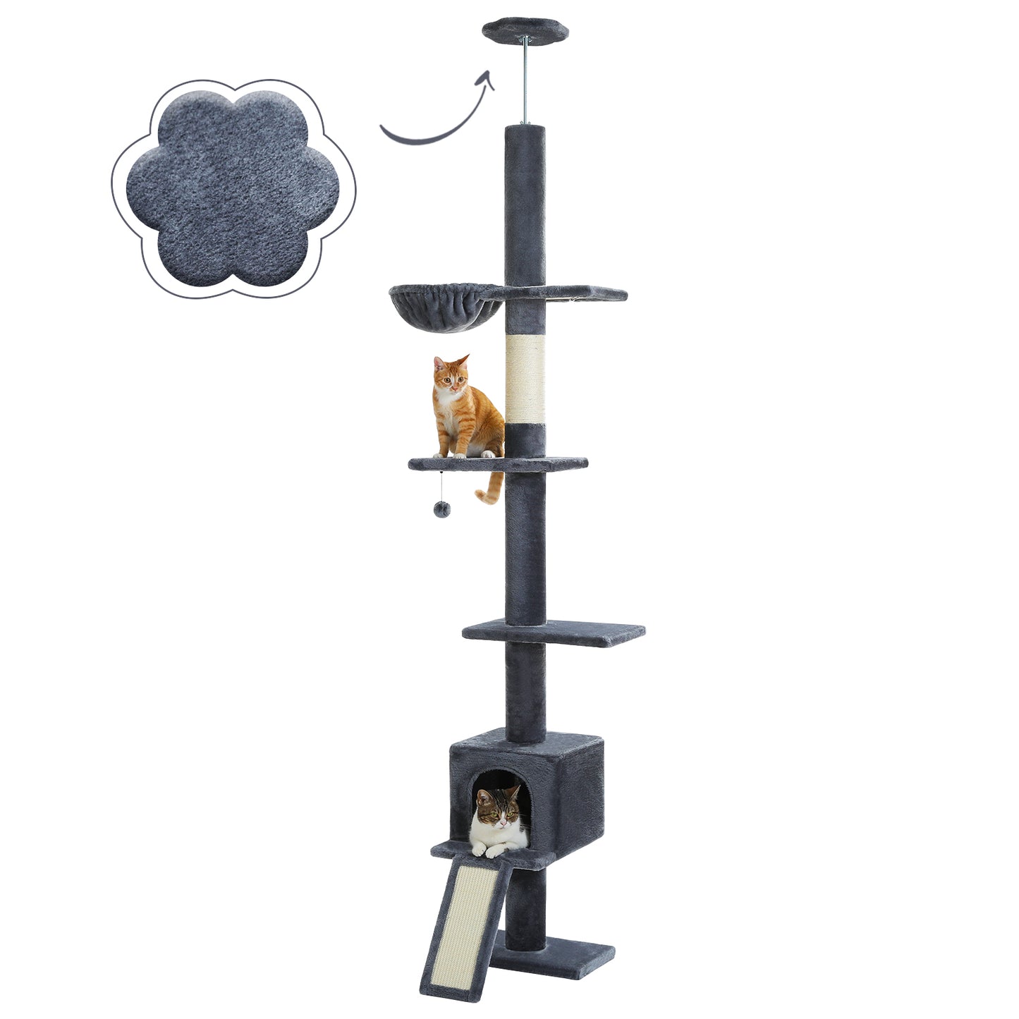 PAWZ Road Arbre à chats Cactus du sol au plafond avec hauteur réglable de 216 cm à 273 cm, Tour pour chats offrant un espace d'activité spacieux avec hamac et une cabane pour chats, ceinture anti-chute