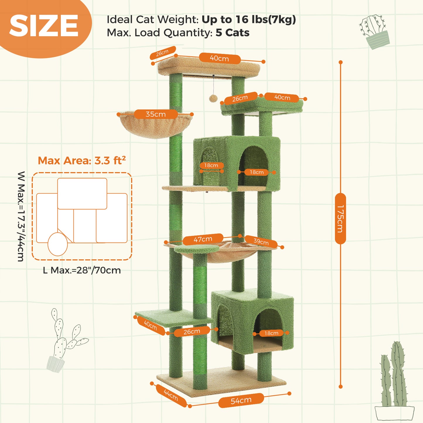 PAWZ Road XXL-Rascador 175 cm para gatos de apartamento | Con gran hamaca | Torre para gatos adultos | Incl. poste rascador, casa de dormir y plataforma de observación