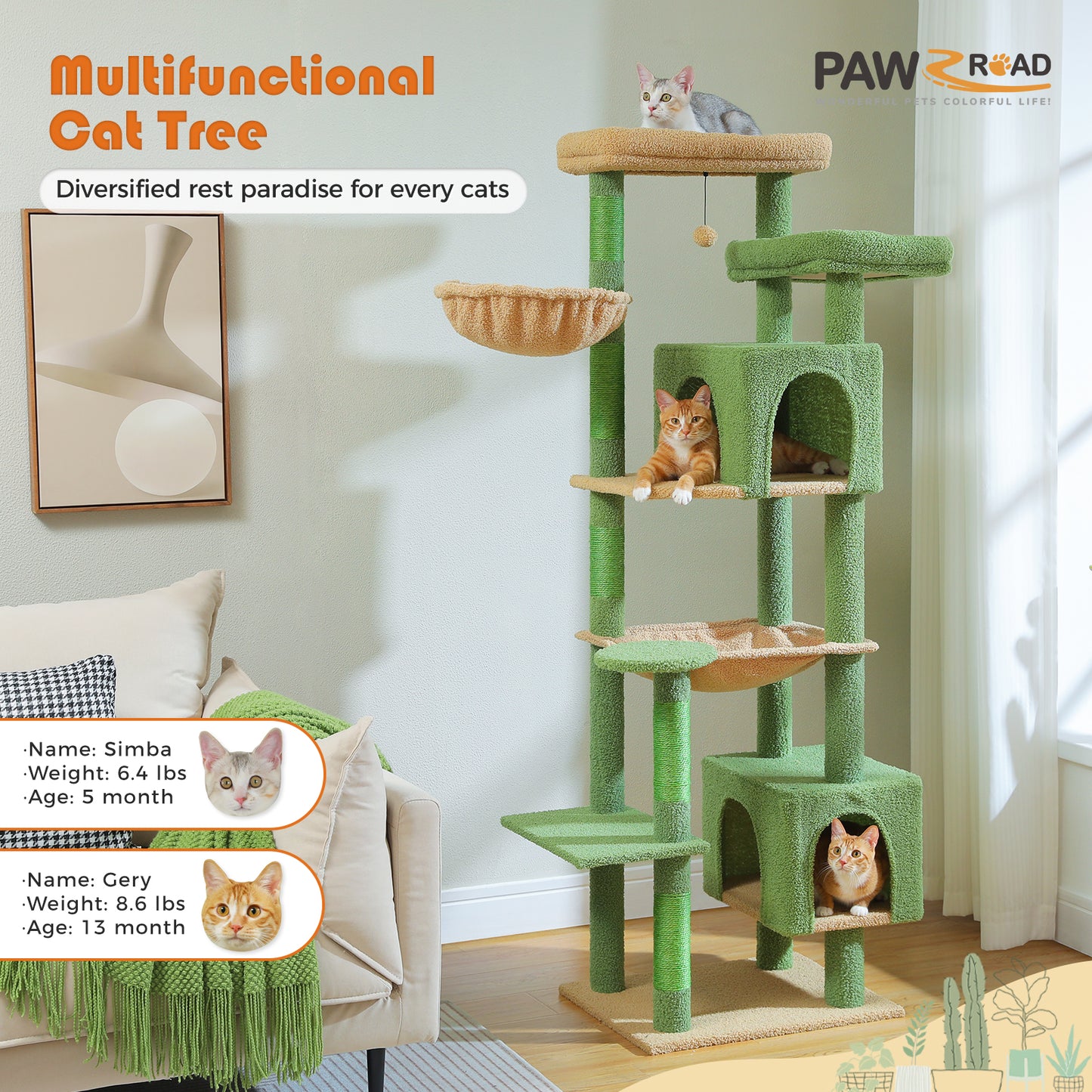 PAWZ Road XXL-Rascador 175 cm para gatos de apartamento | Con gran hamaca | Torre para gatos adultos | Incl. poste rascador, casa de dormir y plataforma de observación