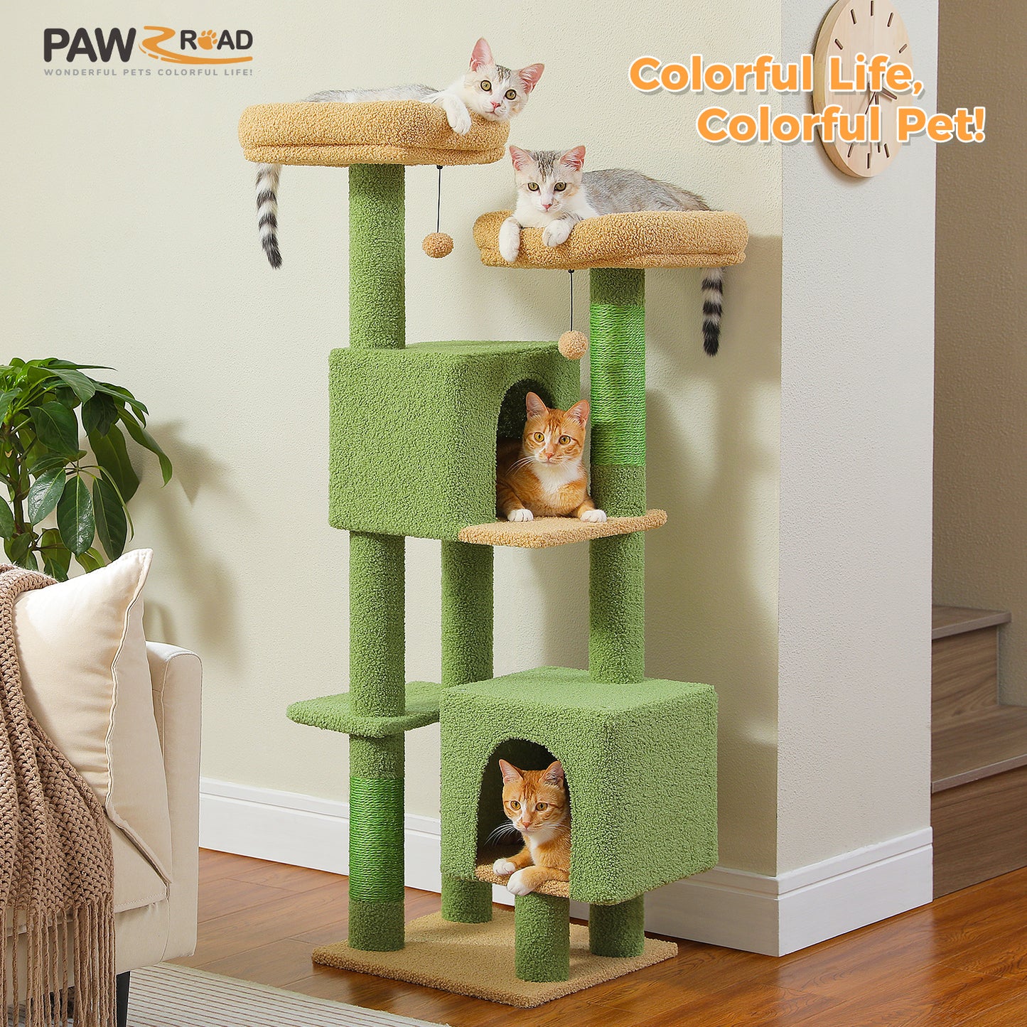 PAWZ Road XXL-Rascador | Torre para gatos de 180 cm para apartamentos | Con columnas para rascar, casa para dormir y plataforma de observación de varios niveles