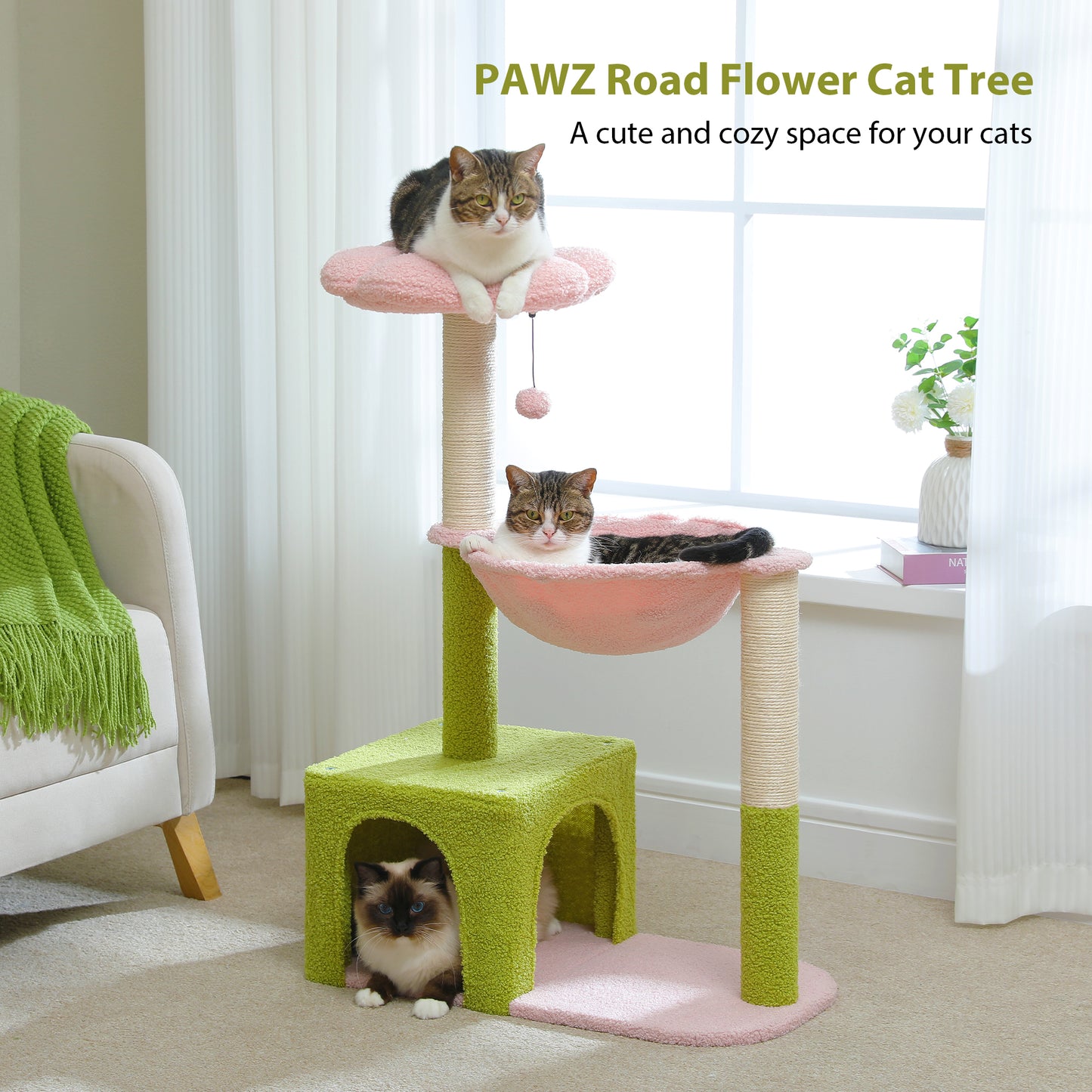Blumen-Kratzbaum mit Metall-Hängematte – 89 cm süßer Katzenturm mit Sisal-Kratzpfosten für kleine Wohnungskatze | rosa Schlafplattform für Kätzchen