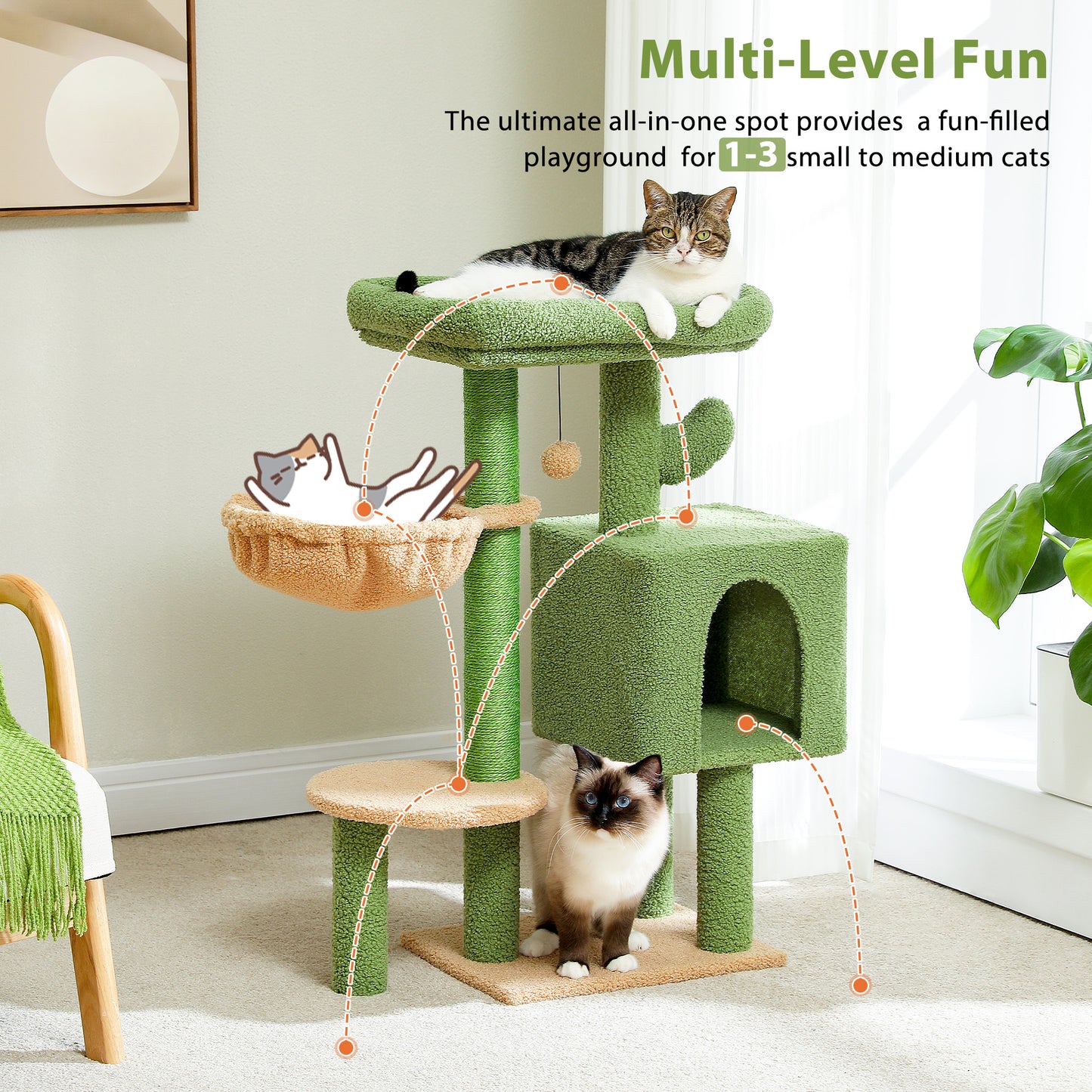 Arbre à gratter cactus 90 cm – Arbre à chat de taille moyenne avec poteau à gratter en sisal, maison pour chats d'appartement, grande plateforme panoramique rembourrée, hamac confortable et 2 balles de jeu pour chats de petite à moyenne taille