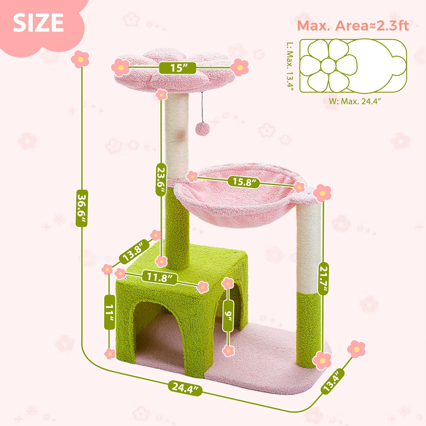 Blumen-Kratzbaum mit Metall-Hängematte – 89 cm süßer Katzenturm mit Sisal-Kratzpfosten für kleine Wohnungskatze | rosa Schlafplattform für Kätzchen