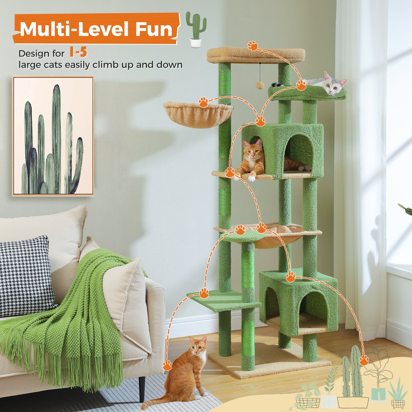 PAWZ Road XXL-Rascador 175 cm para gatos de apartamento | Con gran hamaca | Torre para gatos adultos | Incl. poste rascador, casa de dormir y plataforma de observación