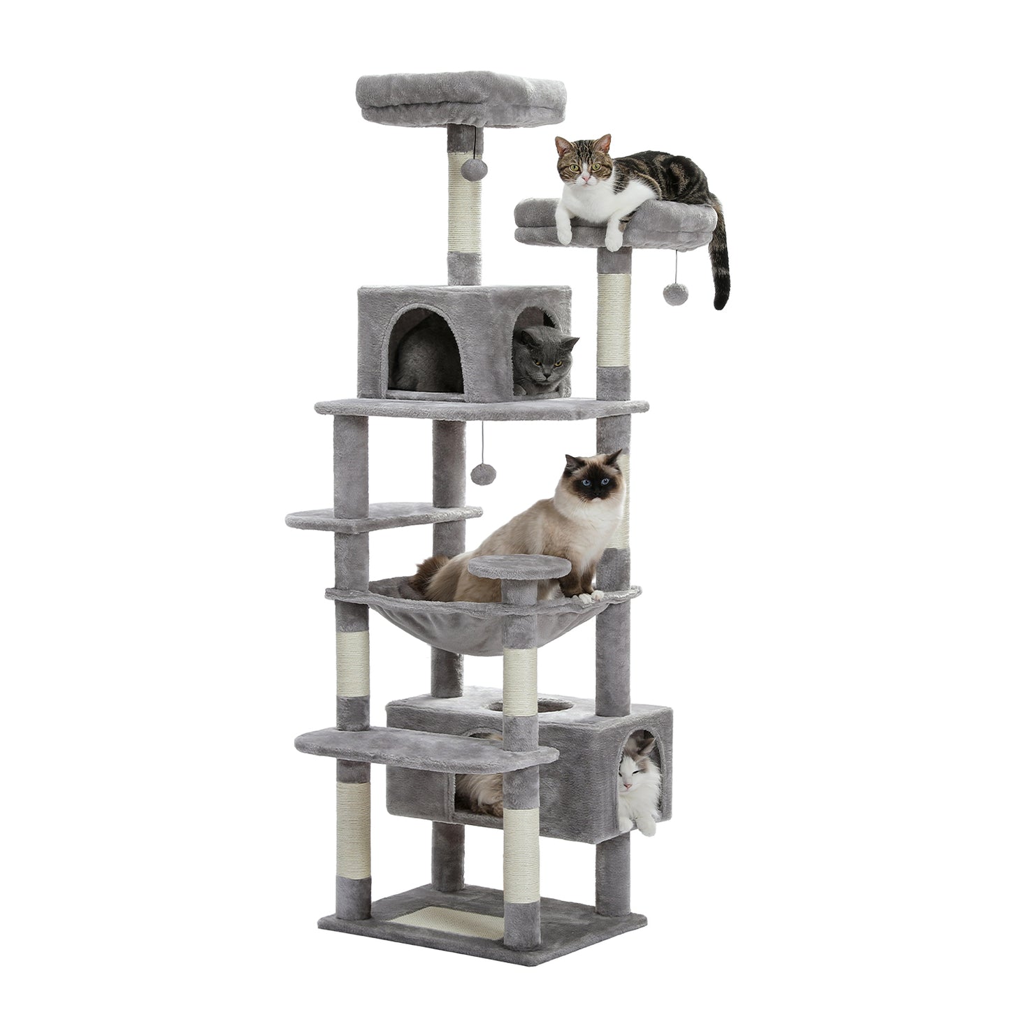 PAWZ Road Arbre à gratter, 136 cm de haut | avec hamac spacieux | maison de repos et poteau à gratter | deux plateformes rembourrées | maison pour chats adaptée aux chats d'appartement de grande taille