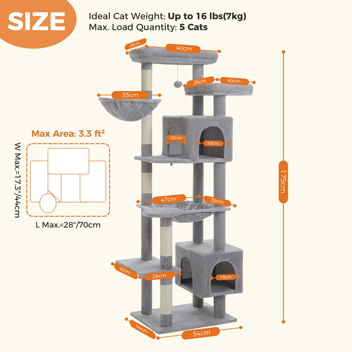 PAWZ Road XXL-Rascador 175 cm para gatos de apartamento | Con gran hamaca | Torre para gatos adultos | Incl. poste rascador, casa de dormir y plataforma de observación