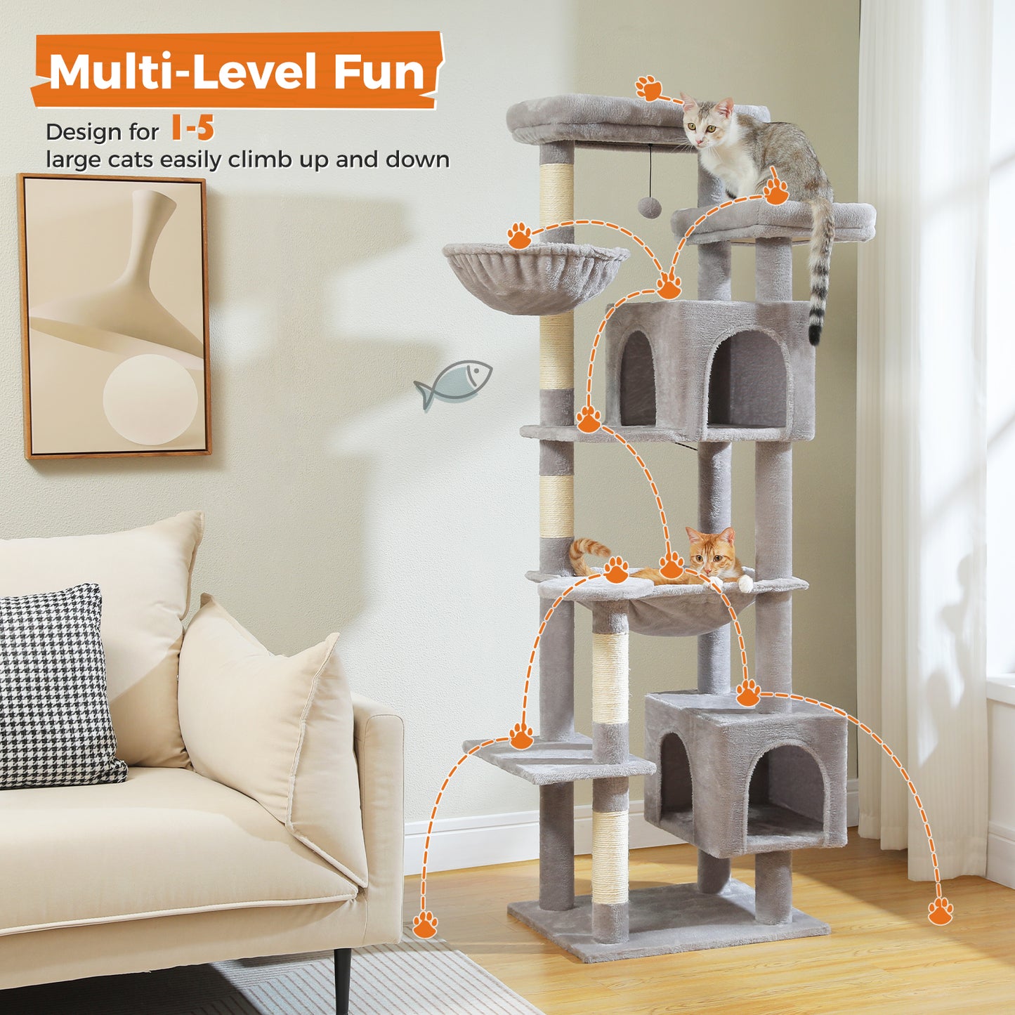 PAWZ Road XXL-Rascador 175 cm para gatos de apartamento | Con gran hamaca | Torre para gatos adultos | Incl. poste rascador, casa de dormir y plataforma de observación