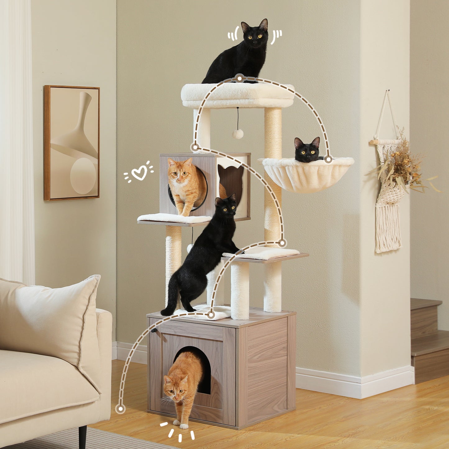 PAWZ Road Rascador Moderno para Gatos Grandes | Árbol para Gatos Premium con Casa de Sueño XXL | Altura Total 146 cm