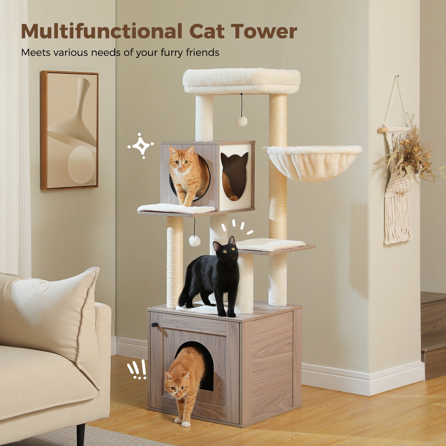 PAWZ Road Rascador Moderno para Gatos Grandes | Árbol para Gatos Premium con Casa de Sueño XXL | Altura Total 146 cm