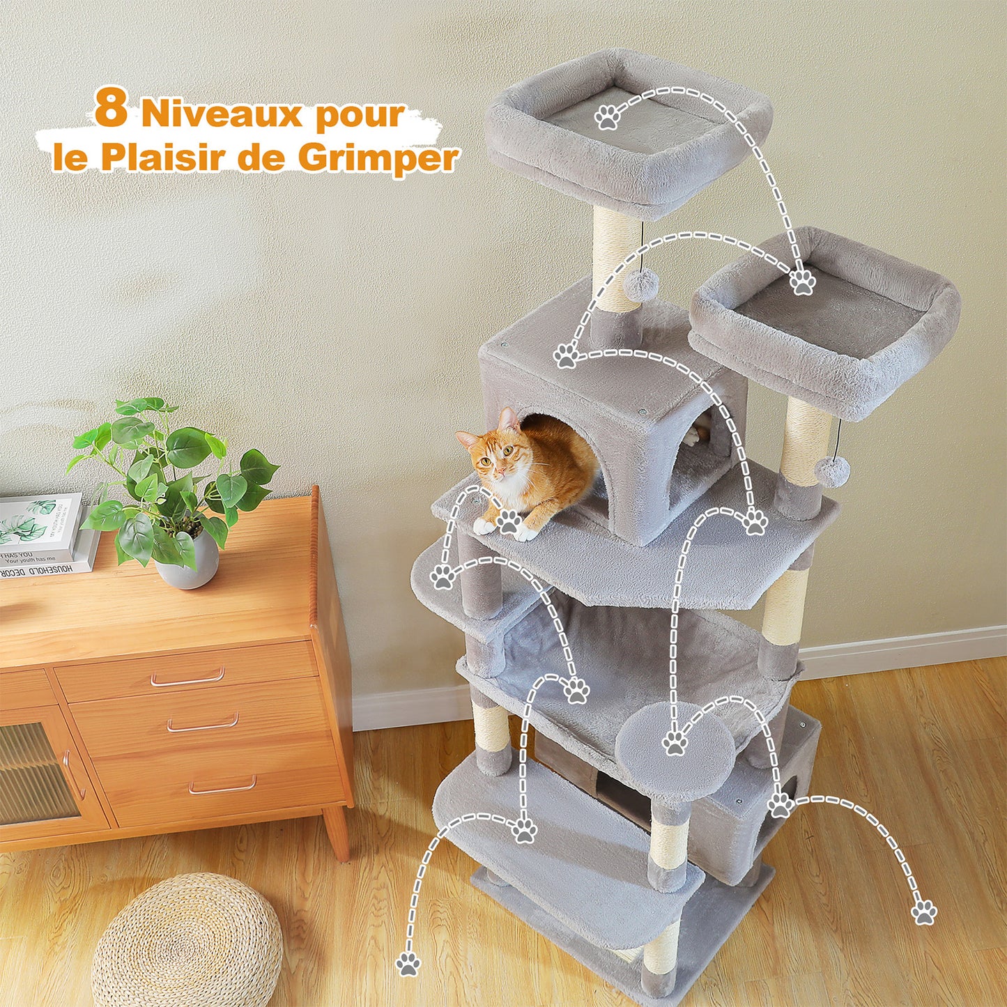 PAWZ Road Cat Tree, 136 cm high | with spacious hammock | sleeping house and scratching post | two padded platforms | cat house suitable for large indoor cats