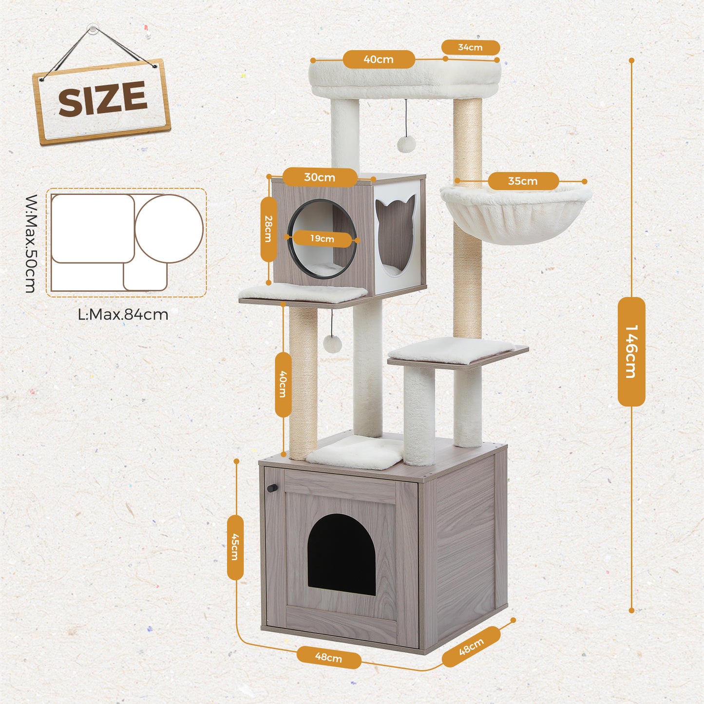 PAWZ Road Rascador Moderno para Gatos Grandes | Árbol para Gatos Premium con Casa de Sueño XXL | Altura Total 146 cm
