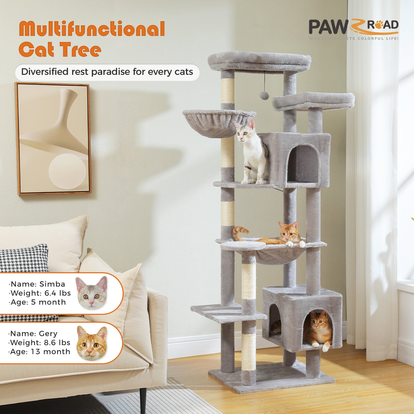PAWZ Road XXL-Rascador 175 cm para gatos de apartamento | Con gran hamaca | Torre para gatos adultos | Incl. poste rascador, casa de dormir y plataforma de observación