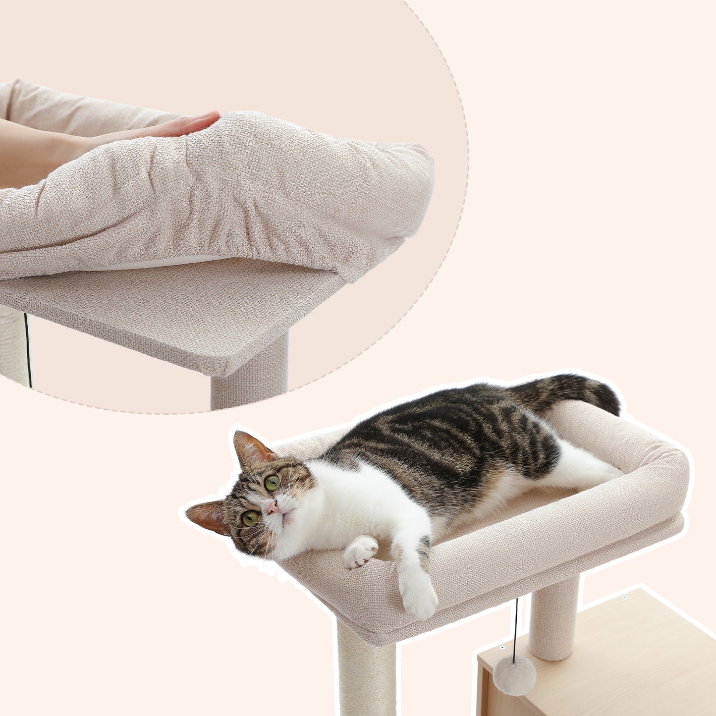 PETEPELA Arbre à chats en bois pour chats d'appartement - Tour à plusieurs niveaux avec poteaux de grattage en sisal, maison de repos confortable, hamac XXL et plateformes douillettes en pelage de lapin en tissu (beige)