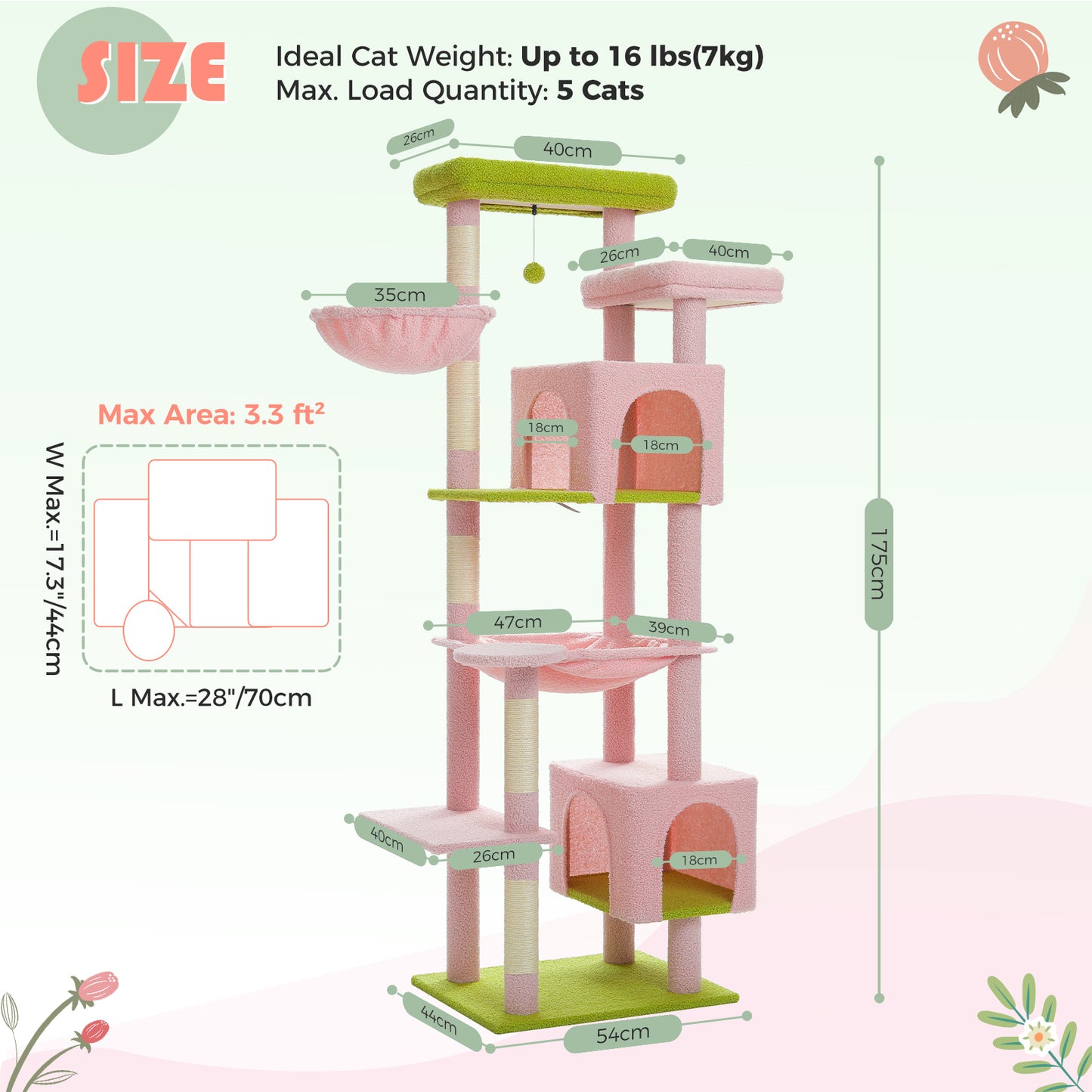 PAWZ Road XXL-Rascador 175 cm para gatos de apartamento | Con gran hamaca | Torre para gatos adultos | Incl. poste rascador, casa de dormir y plataforma de observación