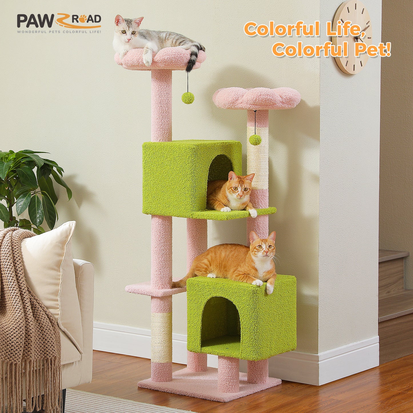 PAWZ Road XXL-Rascador | Torre para gatos de 180 cm para apartamentos | Con columnas para rascar, casa para dormir y plataforma de observación de varios niveles
