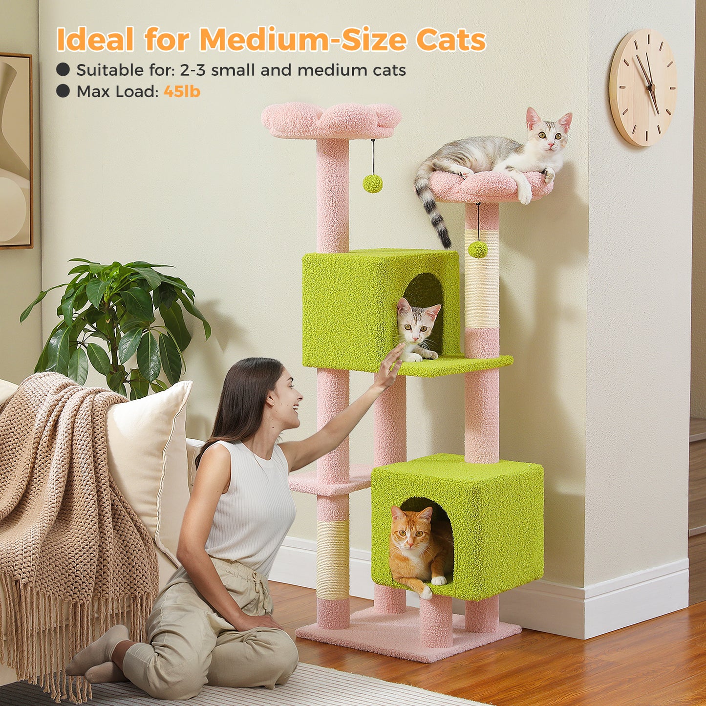 PAWZ Road XXL-Rascador | Torre para gatos de 180 cm para apartamentos | Con columnas para rascar, casa para dormir y plataforma de observación de varios niveles