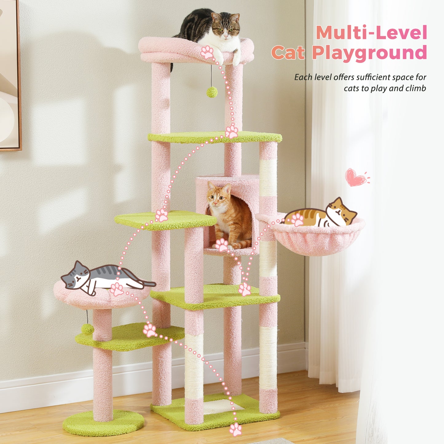 Albero per gatti PAWZ Road Flower da 150 cm - Torre per gatti grande a più livelli | Design basso | con cuccia | Amaca XXL | Pali in sisal e 2 piattaforme