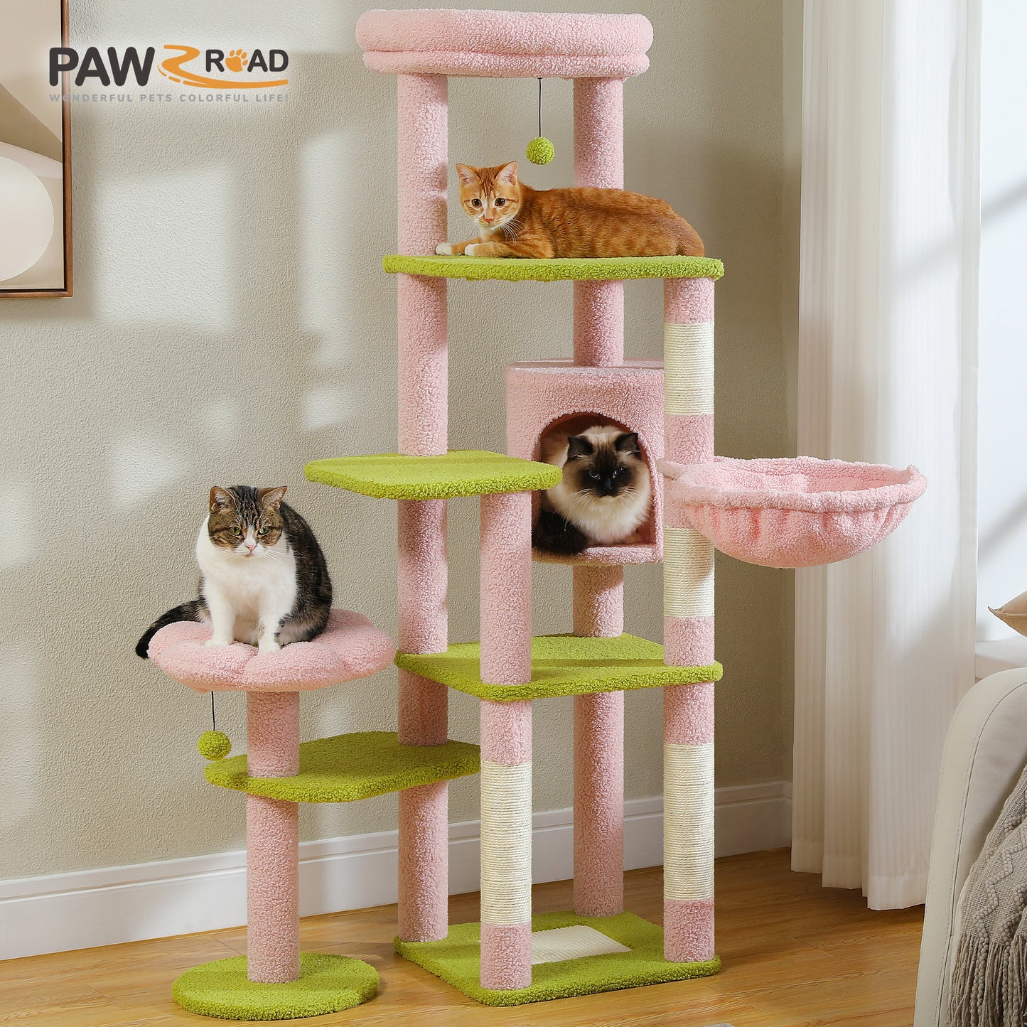 Albero per gatti PAWZ Road Flower da 150 cm - Torre per gatti grande a più livelli | Design basso | con cuccia | Amaca XXL | Pali in sisal e 2 piattaforme