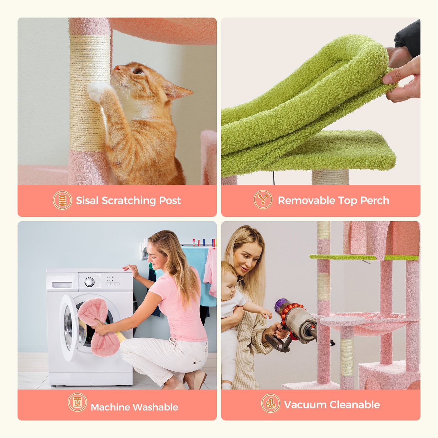 PÉTÉPÉLA Arbre à gratter haut de 175 cm pour chats adultes de grande taille, tour pour chats avec grande hampe, arbre à grimper équipé de poteaux à gratter, maison de repos et grande plateforme d'observation, disponible en rose et vert.