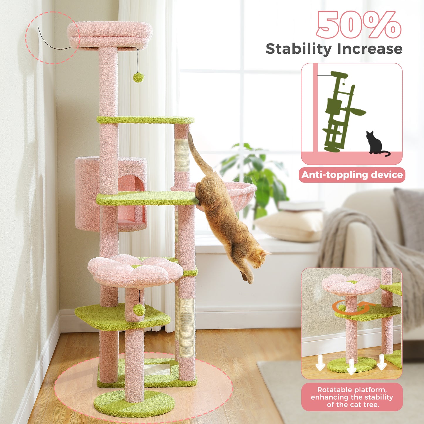 Albero per gatti PAWZ Road Flower da 150 cm - Torre per gatti grande a più livelli | Design basso | con cuccia | Amaca XXL | Pali in sisal e 2 piattaforme
