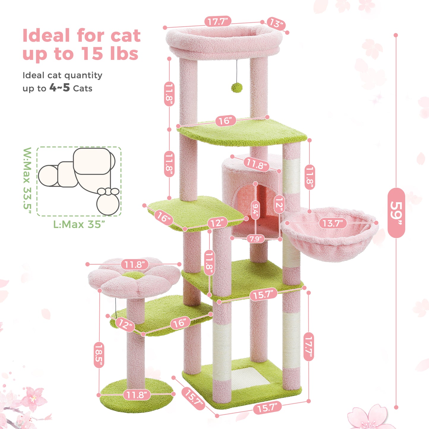 Albero per gatti PAWZ Road Flower da 150 cm - Torre per gatti grande a più livelli | Design basso | con cuccia | Amaca XXL | Pali in sisal e 2 piattaforme