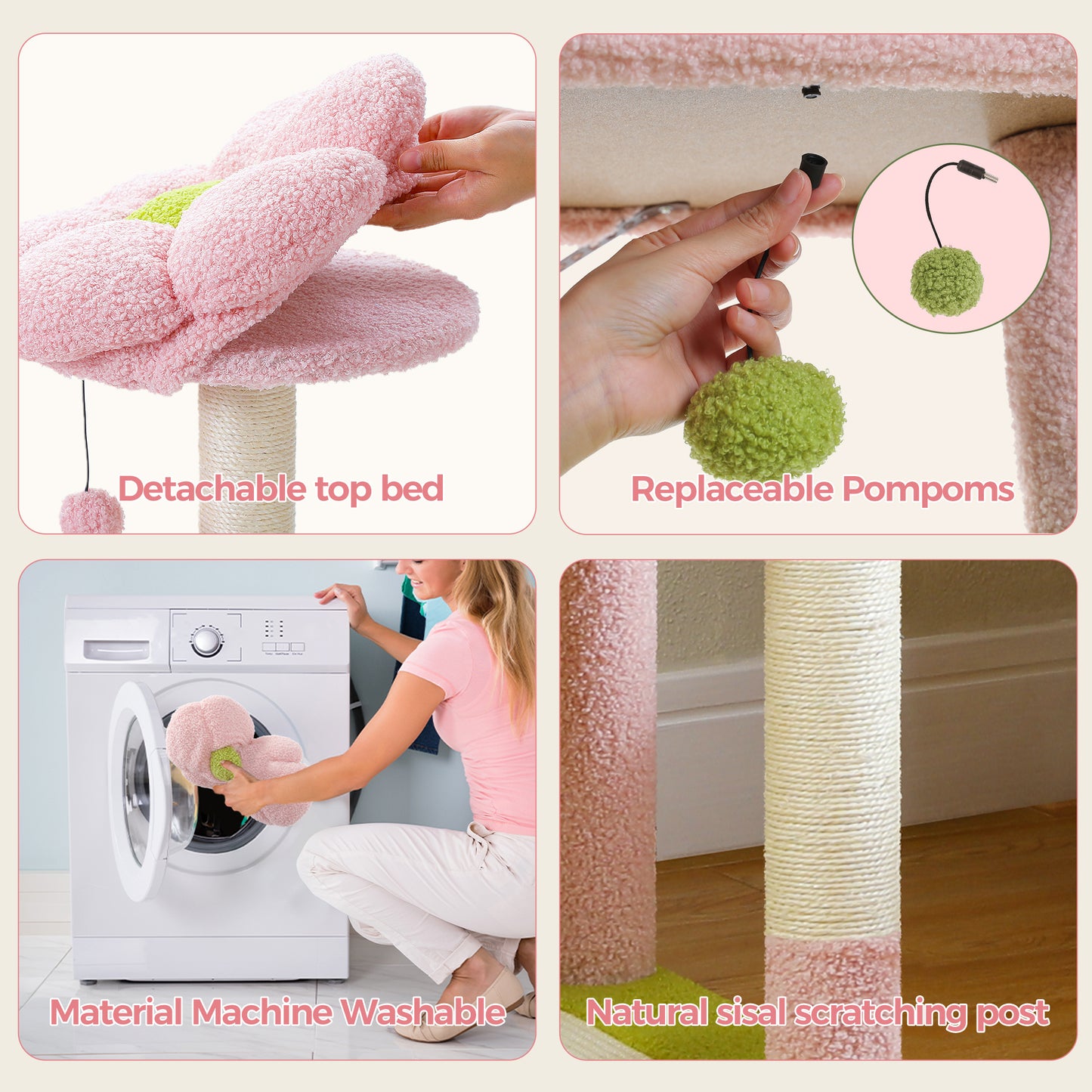 Albero per gatti PAWZ Road Flower da 150 cm - Torre per gatti grande a più livelli | Design basso | con cuccia | Amaca XXL | Pali in sisal e 2 piattaforme