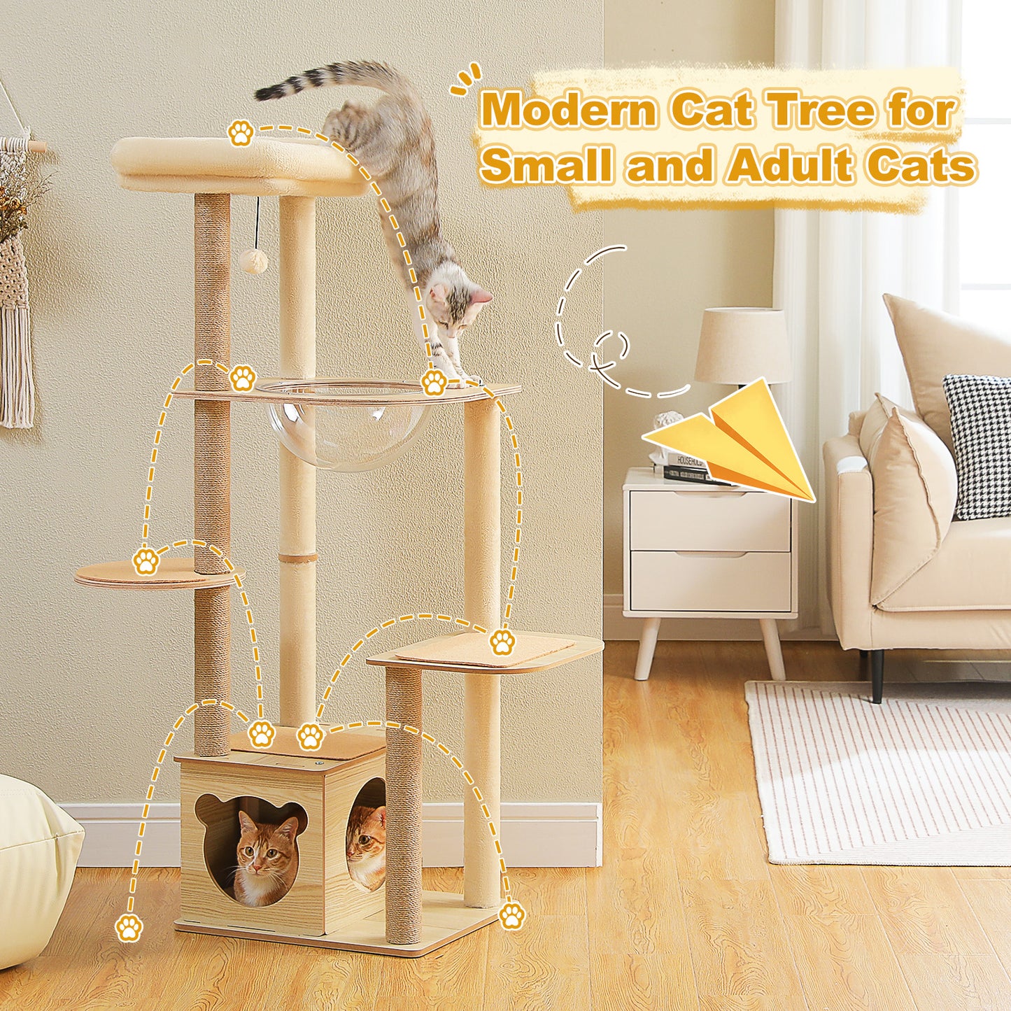 PAWZ Road moderner Kratzbaum | 135 cm hoher Katzenturm aus Holz | für Wohnungskatzen | Katzenmöbel mit 4 sisalumwickelten Kratzpfosten