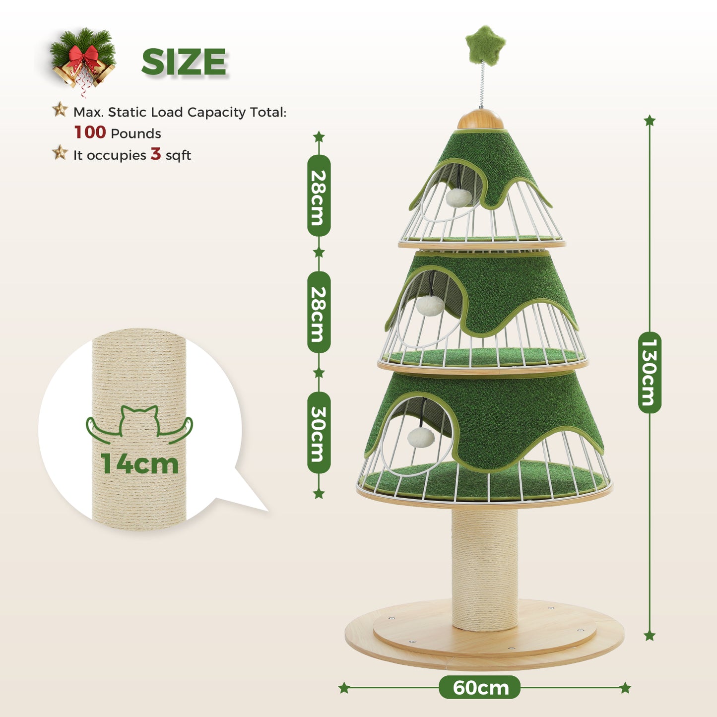 PAWZ Road Arbre de Noël pour chats, tour d'escalade multicouche de 130 cm de haut avec revêtement en sisal de 14 cm d'épaisseur pour gratter et 3 grands abris de sommeil – Arbre intérieur pour chats