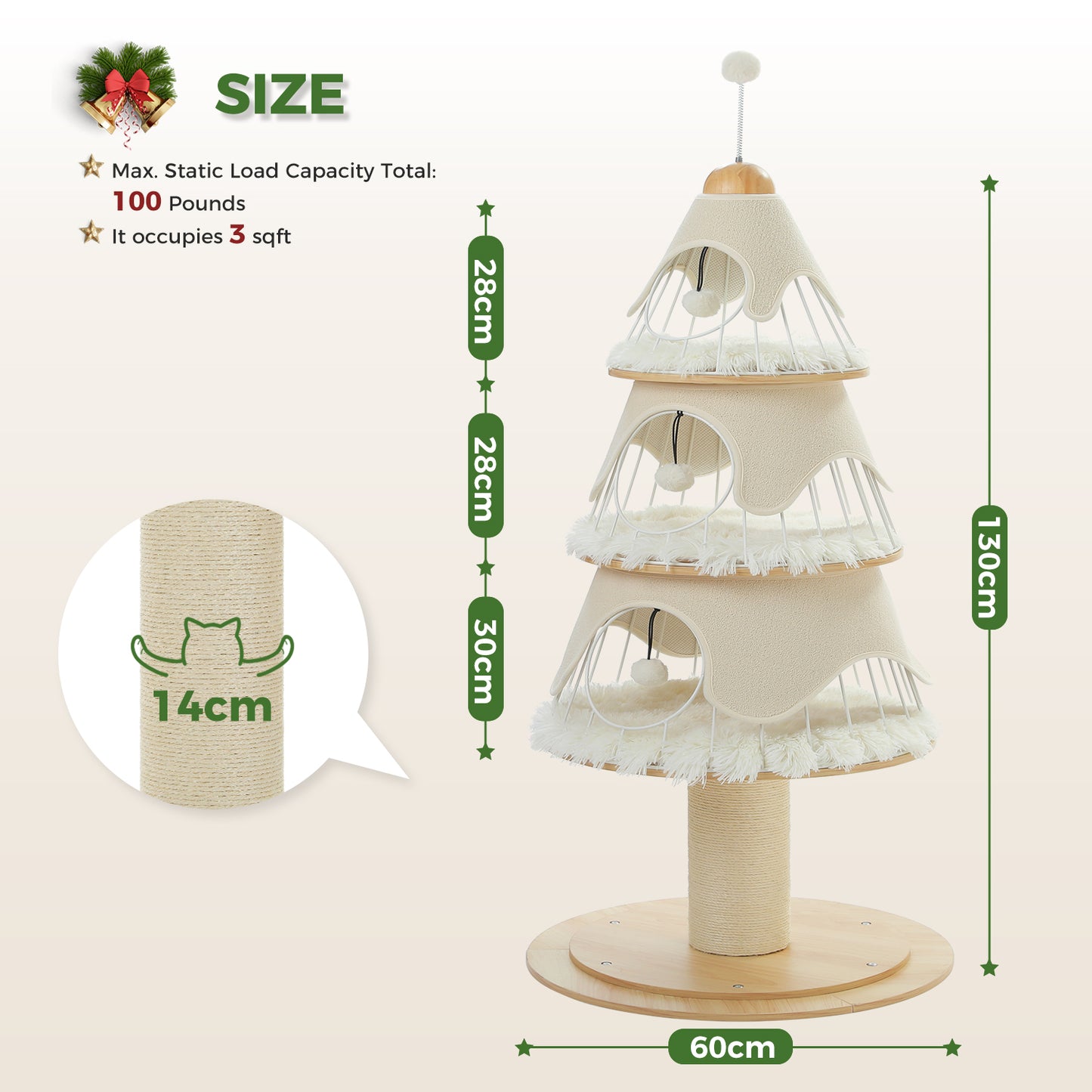 PAWZ Road Arbre de Noël pour chats, tour d'escalade multicouche de 130 cm de haut avec revêtement en sisal de 14 cm d'épaisseur pour gratter et 3 grands abris de sommeil – Arbre intérieur pour chats