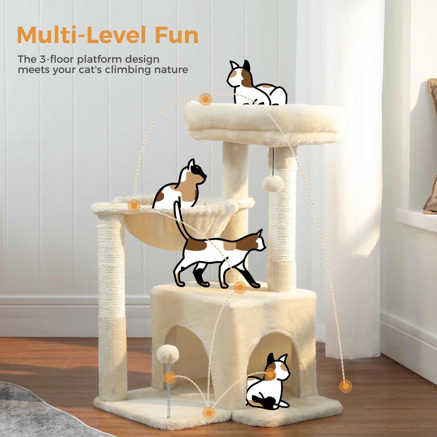 PAWZ Road – Mehrstöckiges Kletterparadies für Katzen | 106 cm | Robuste Sisal-Kratzsäulen | Stabile Etagenplattformen