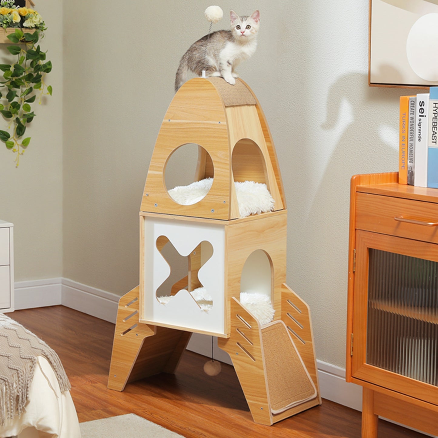 PAWZ Road Rascador Moderno de Cohetes | 120 cm | Árbol para Gatos de Madera Maciza | Torre de Escalada Interior para Gatos
