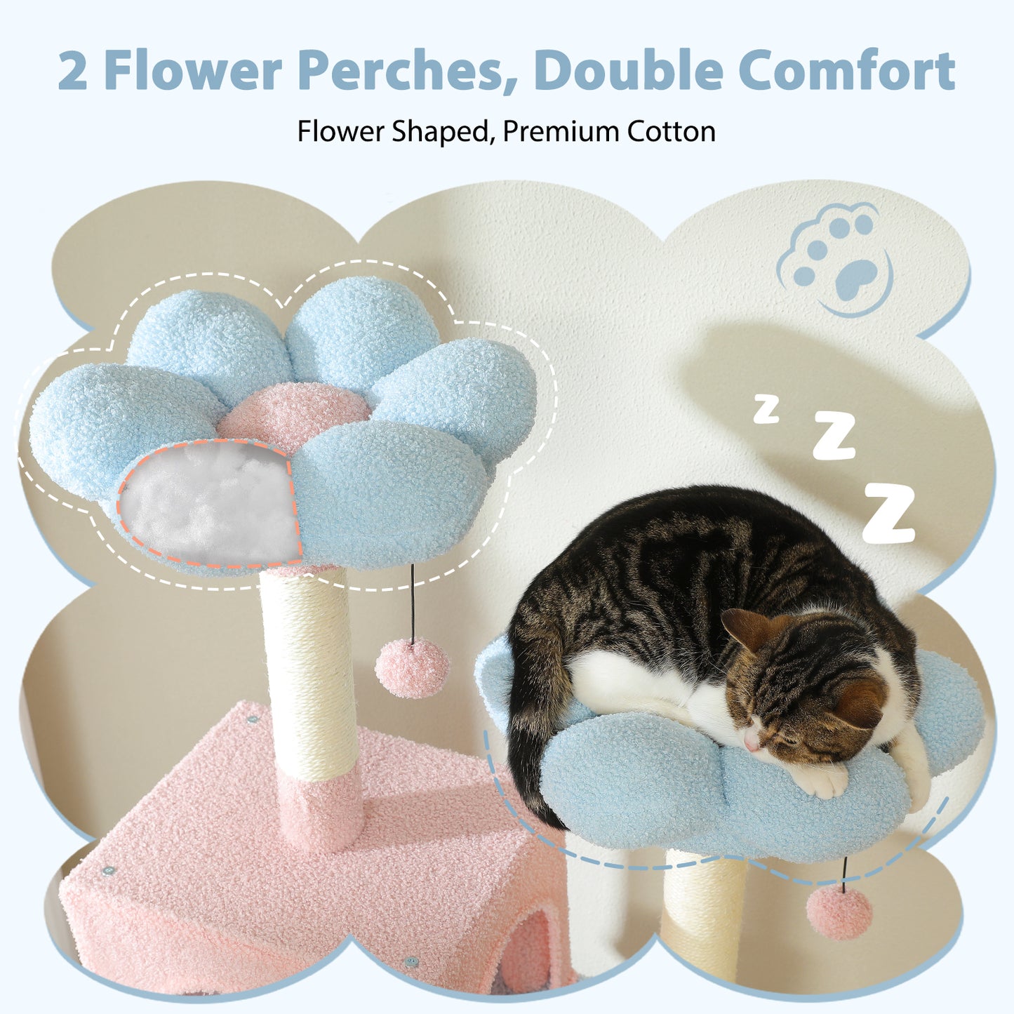 PAWZ Road Arbre à gratter, 136 cm de haut | avec hamac spacieux | maison de repos et poteau à gratter | deux plateformes rembourrées | maison pour chats adaptée aux chats d'appartement de grande taille