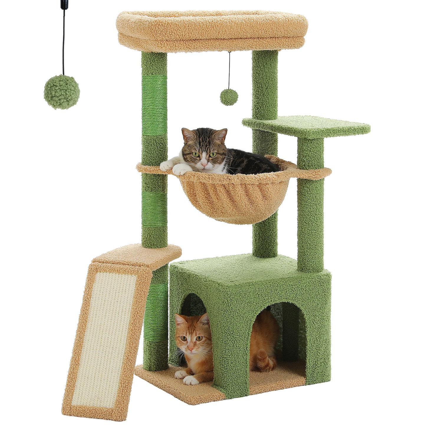 Albero per gatti da interno PAWZ Road | Torre tiragraffi verde da 90 cm | con spaziosa cuccia | 1 piano in sisal | 3 tiragraffi | Amaca XXL e piattaforma panoramica