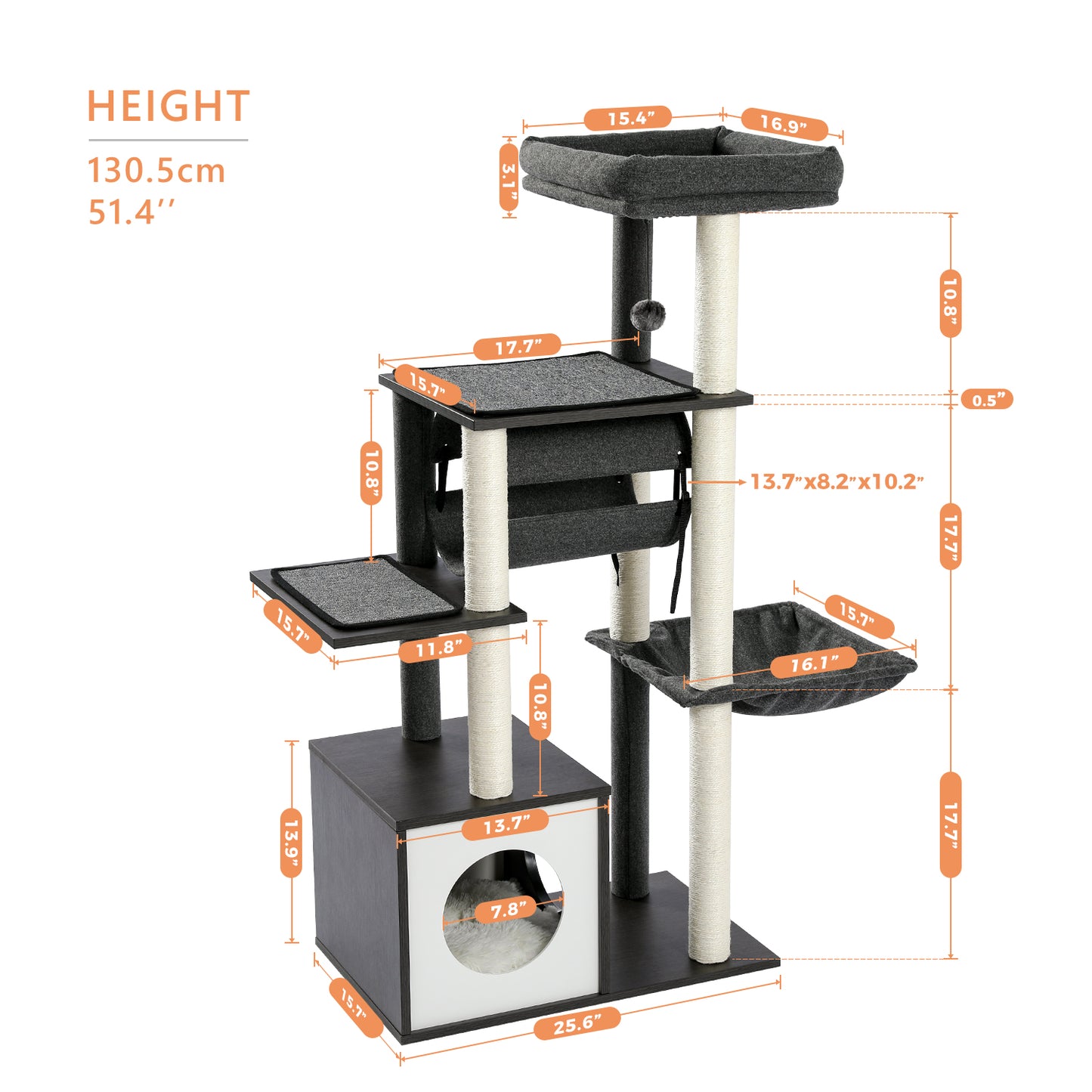【130cm Extra High】PEQULTI Cat Tree - 51.4″ Multi-Level Platforms｜25.6″×16.9″ XXL Exercise Area"