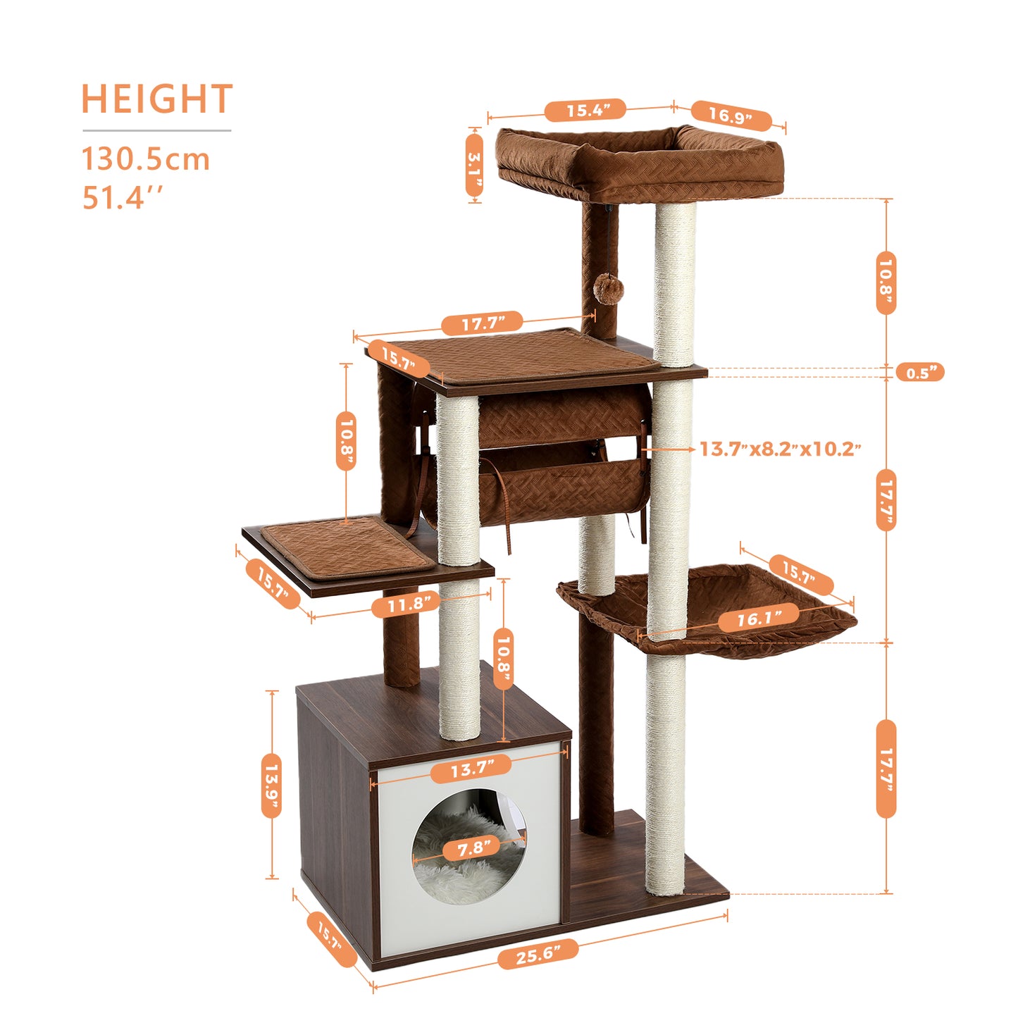 【130cm Extra High】PEQULTI Cat Tree - 51.4″ Multi-Level Platforms｜25.6″×16.9″ XXL Exercise Area"