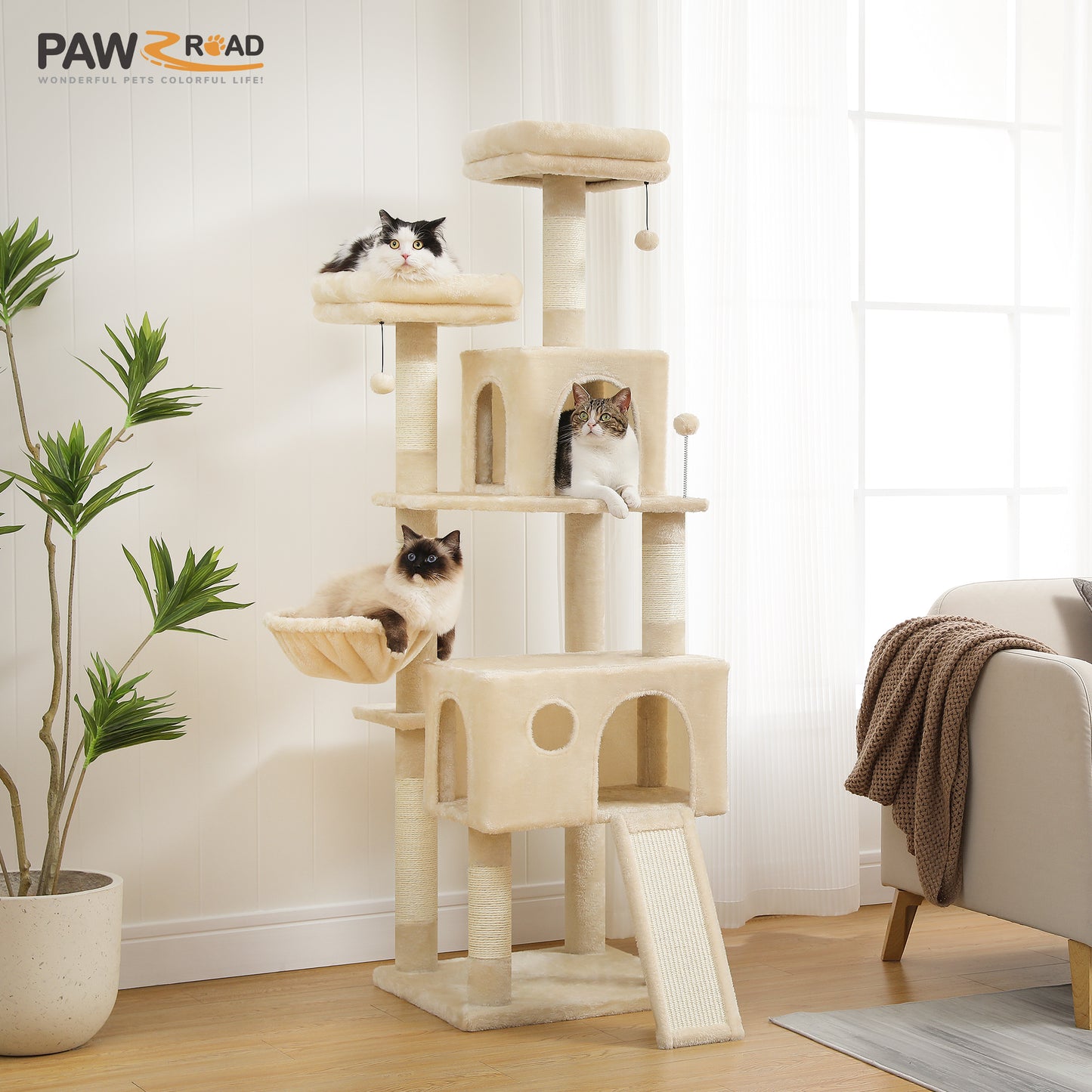 PAWZ Road XXL-Árbol rascador 162cm | Columnas rascadoras envueltas en sisal | Con gran hamaca + 2 plataformas superiores | Incl. pelotas de juego intercambiables | Para razas de gatos grandes