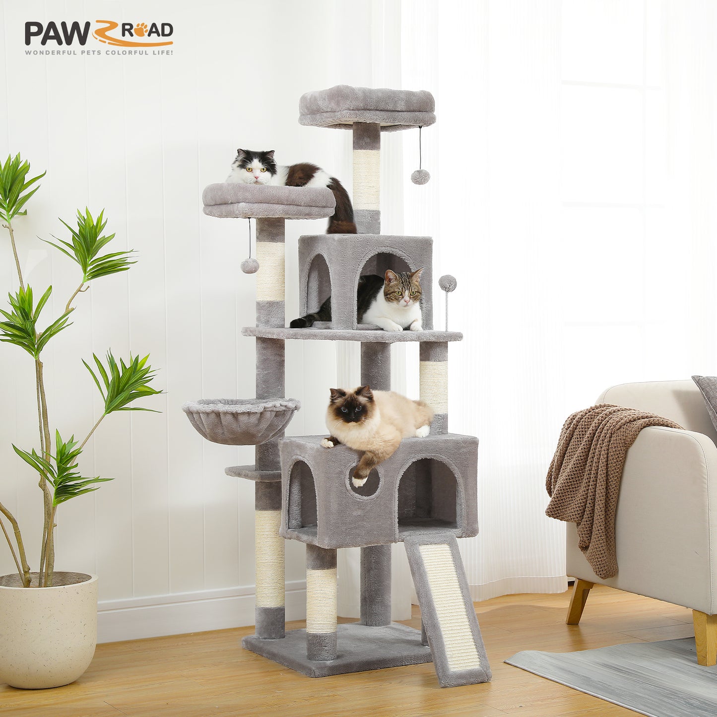 PAWZ Road XXL-Árbol rascador 162cm | Columnas rascadoras envueltas en sisal | Con gran hamaca + 2 plataformas superiores | Incl. pelotas de juego intercambiables | Para razas de gatos grandes