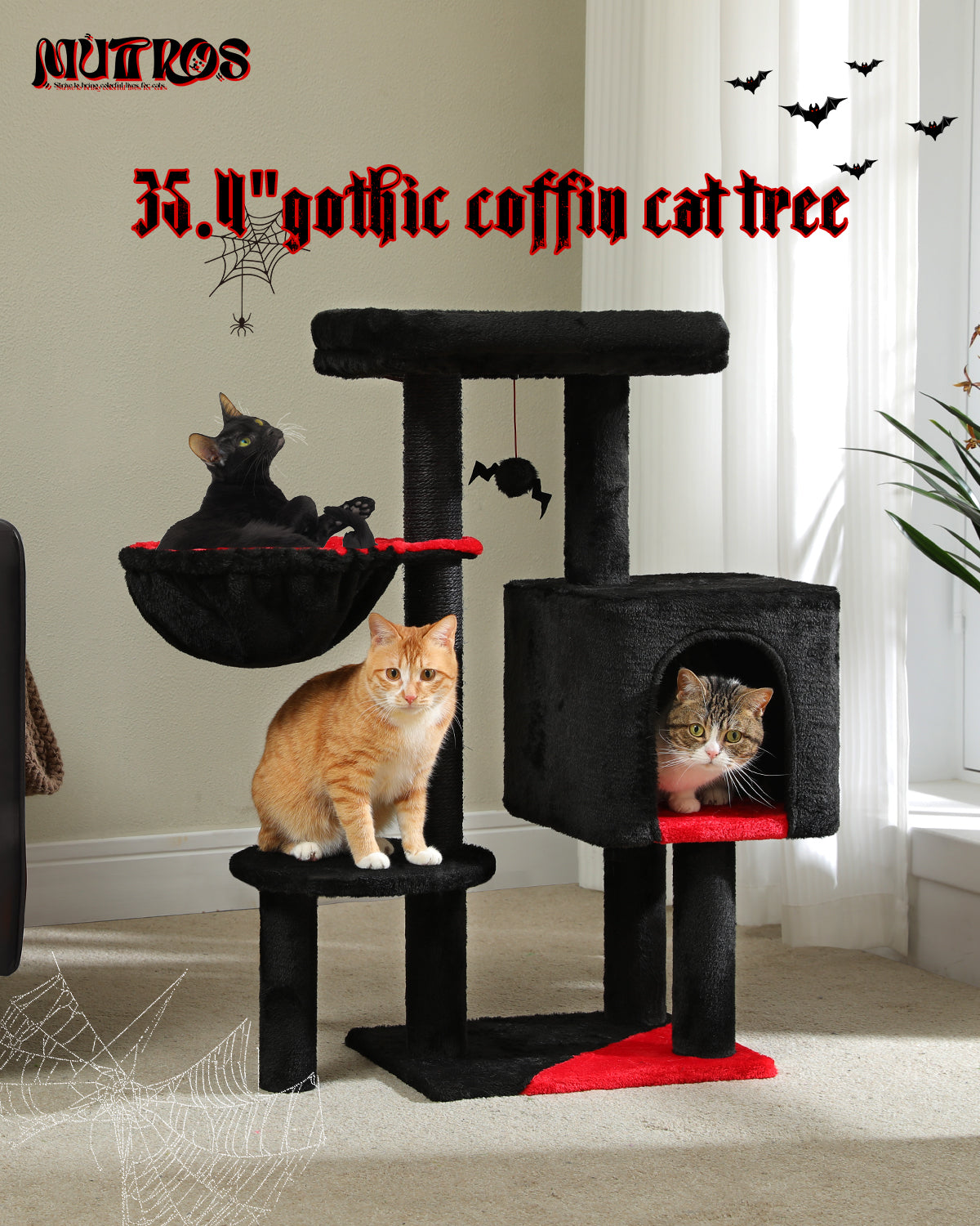 Arbre à gratter cactus 90 cm – Arbre à chat de taille moyenne avec poteau à gratter en sisal, maison pour chats d'appartement, grande plateforme panoramique rembourrée, hamac confortable et 2 balles de jeu pour chats de petite à moyenne taille