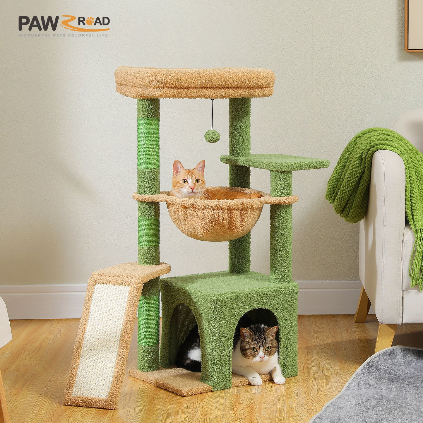PAWZ Road Indoor-Katzenbaum | 90 cm grüner Kratzturm | mit geräumigem Schlafhaus | 1 Sisal-Ebene | 3 Kratzsäulen | XXL-Hängematte & Aussichtsplattform
