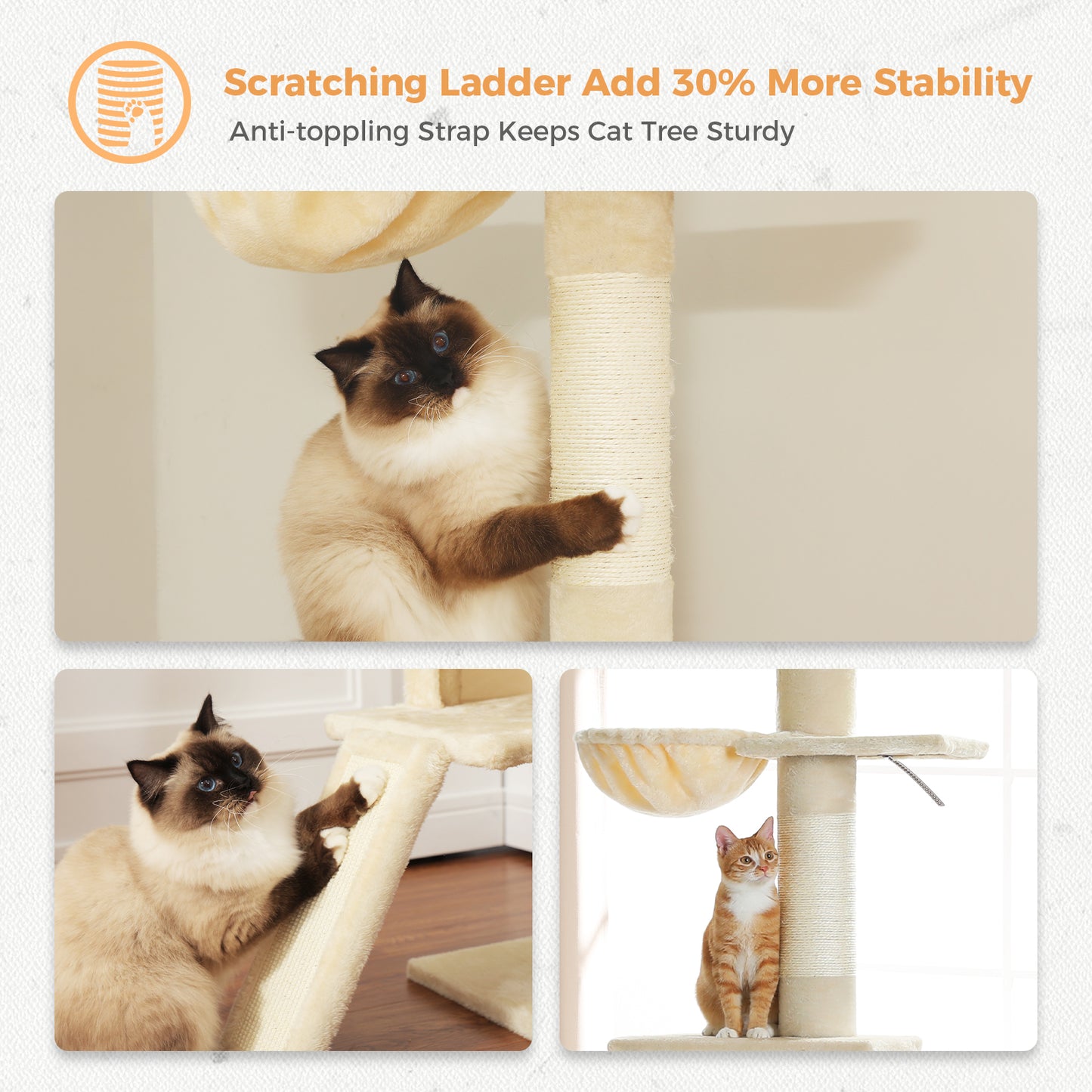 PAWZ Road Kaktus-Katzenbaum | 216-273 cm höhenverstellbar | Decken-zu-Boden-Kratzturm | mit Hängematte & Schlafhaus | Anti-Fall-Gurt