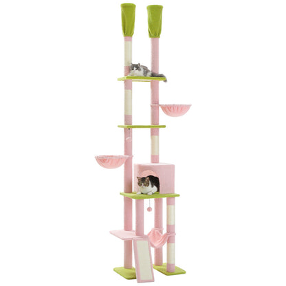 PAWZ Road Kaktus-Katzenbaum Deckenhoher Kratzbaum mit verstellbarer H?he (215-285 cm) | 7-Etagen Kletterzentrum | mit H?ngematten | 5 Plattformen | Sisal-Kratzs?ulen